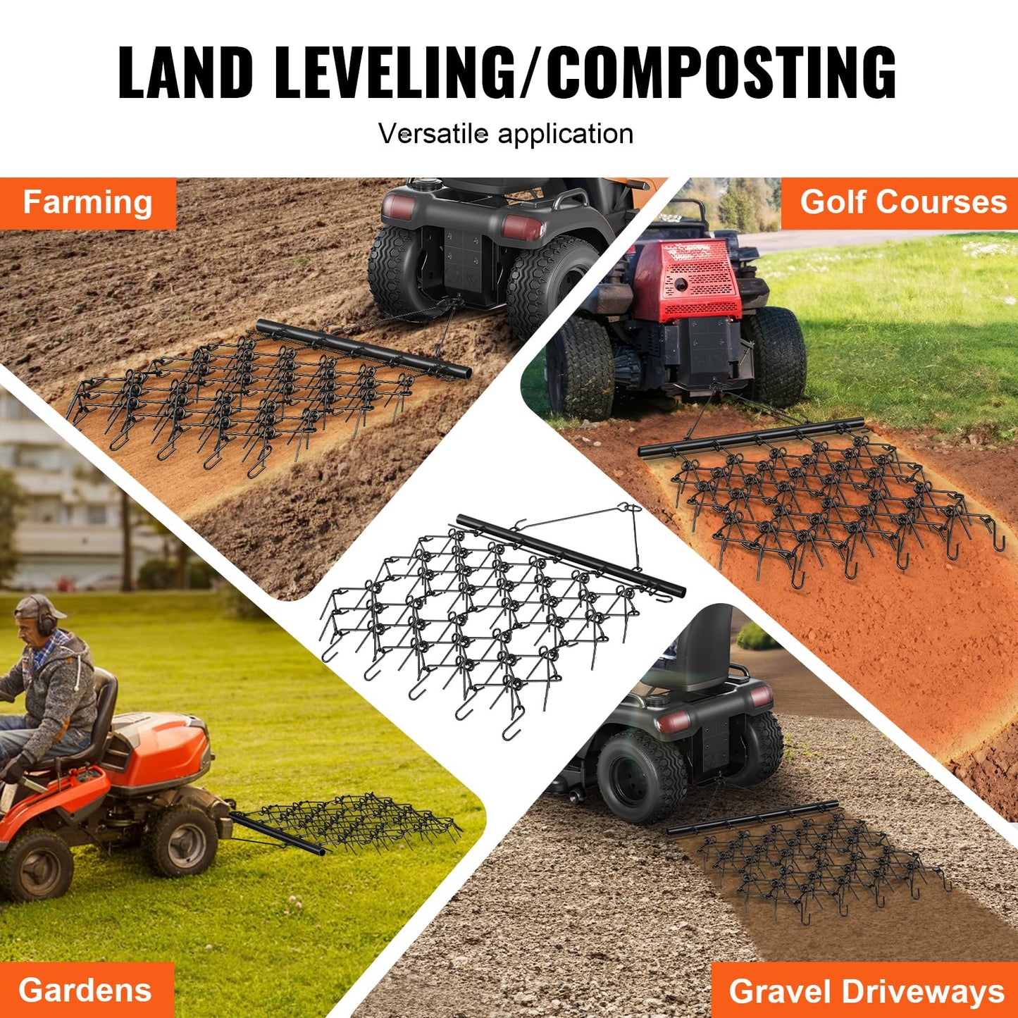 VEVOR 4' x 5' ATV Drag Harrow, Q235 Steel UTV Tractor Attachments for Landscape Leveling or Sod Prepping, Towable Grader for Gravel Driveway, Garden, Farm, Field Black