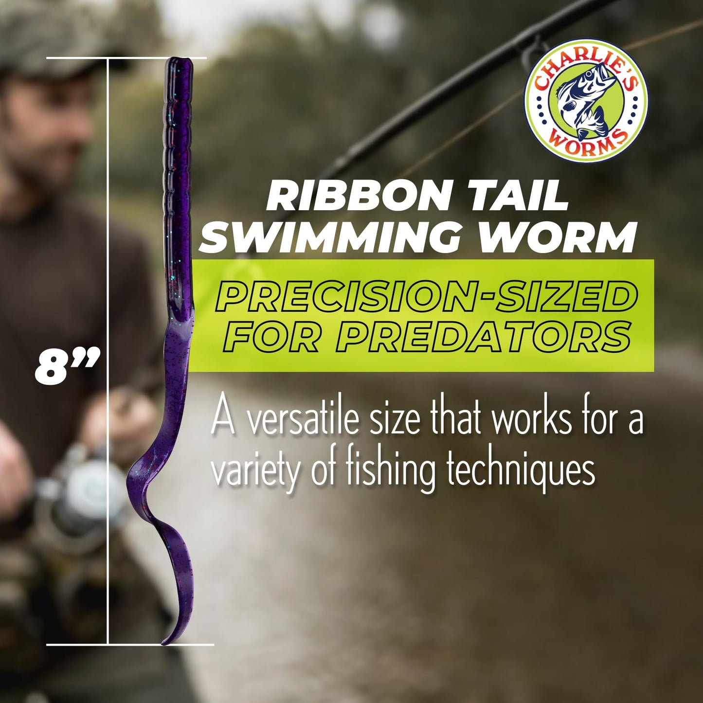 Charlie's Worms Artificial Fishing Bait 8" Ribbon Tail Swimming Worm, Freshwater Saltwater Bass Soft Lures Scented 10pk