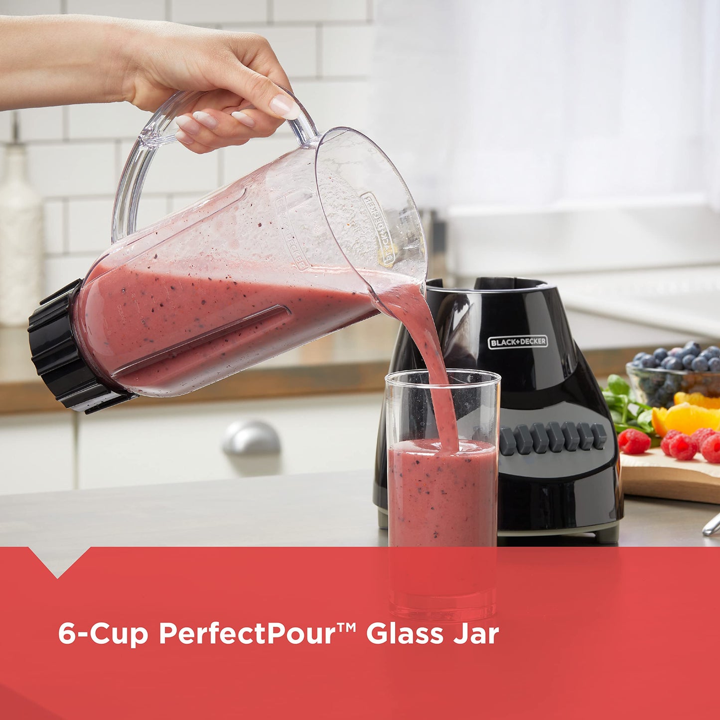 BLACK+DECKER 10-Speed Countertop Blender, Pulse Button, 6-Cup Glass Jar, Dishwasher-Safe, Stainless Steel Blade, Suction Feet