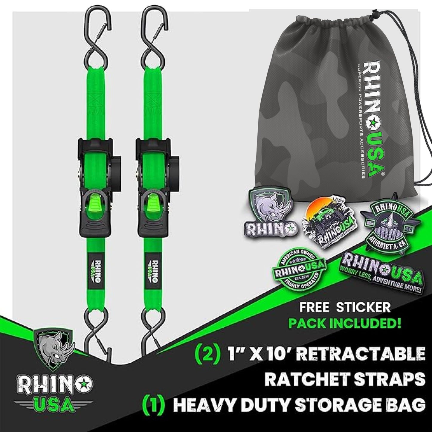 Rhino USA Retractable Ratchet Straps (4-Pack) - 1 Inch x 10 Feet (1,209lb Break Strength) - Heavy Duty Auto Self Retracting Tie Down Straps for Truck, Cargo Trailer, Motorcycle, Rad & More - Black