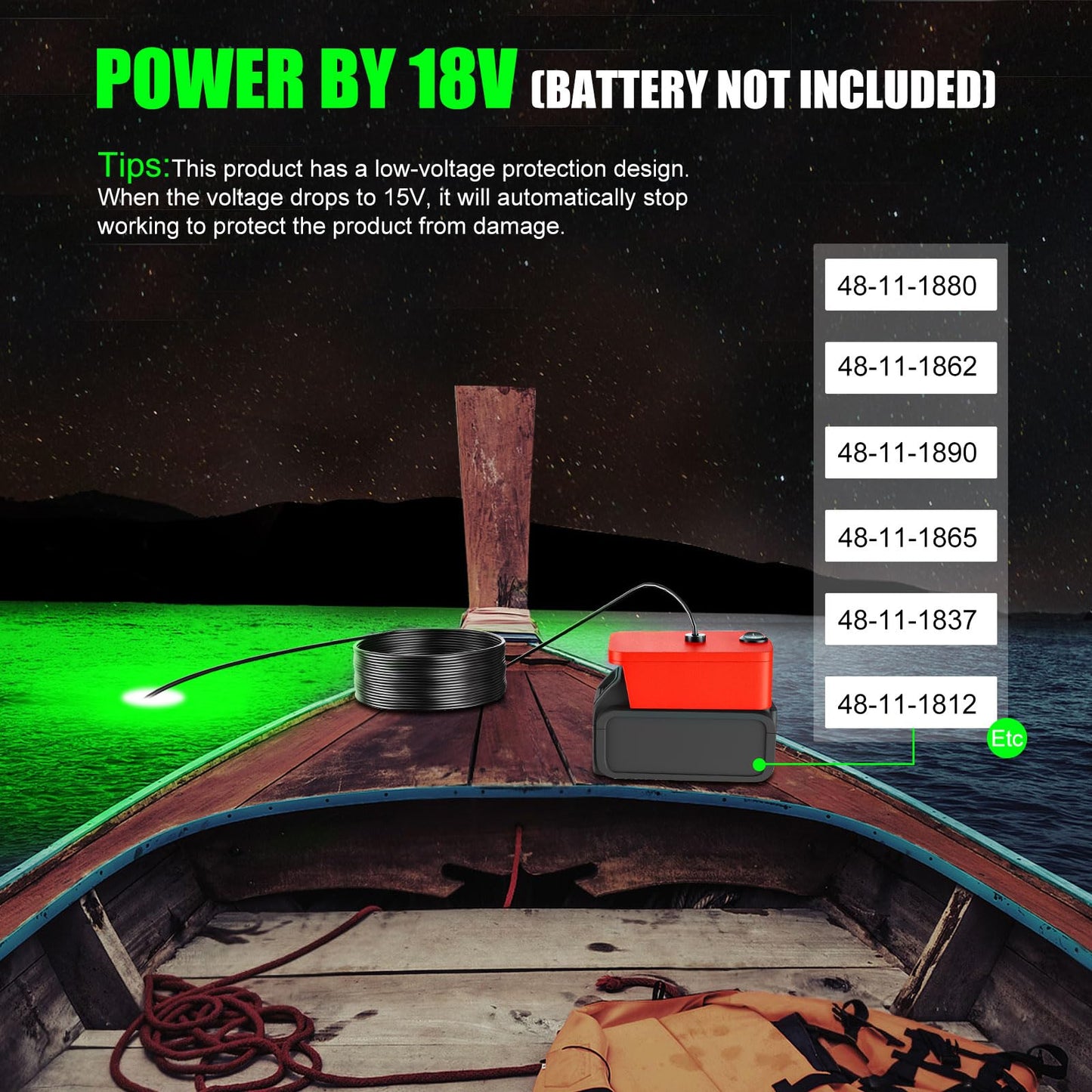 Underwater Fishing Light Compatible for Milwaukee 18V Battery,LED Green Light for 30W IP68 3000 Lumens Fish Attracting, Night Fishing for Docks Boats or Kayaks(no Battery)