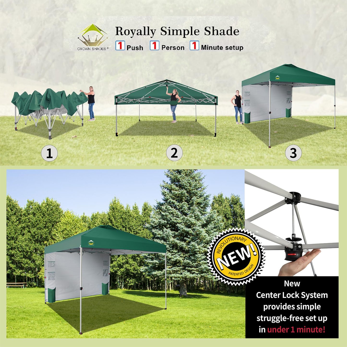CROWN SHADES Canopy Tent 10x10 Pop Up Canopy Outdoor Shade with Pockets Sidewall, Easy Up Sun Shelter with One Person Set Up Center Lock, Portable Instant Camping Beach Canopy Tents, Forest Green
