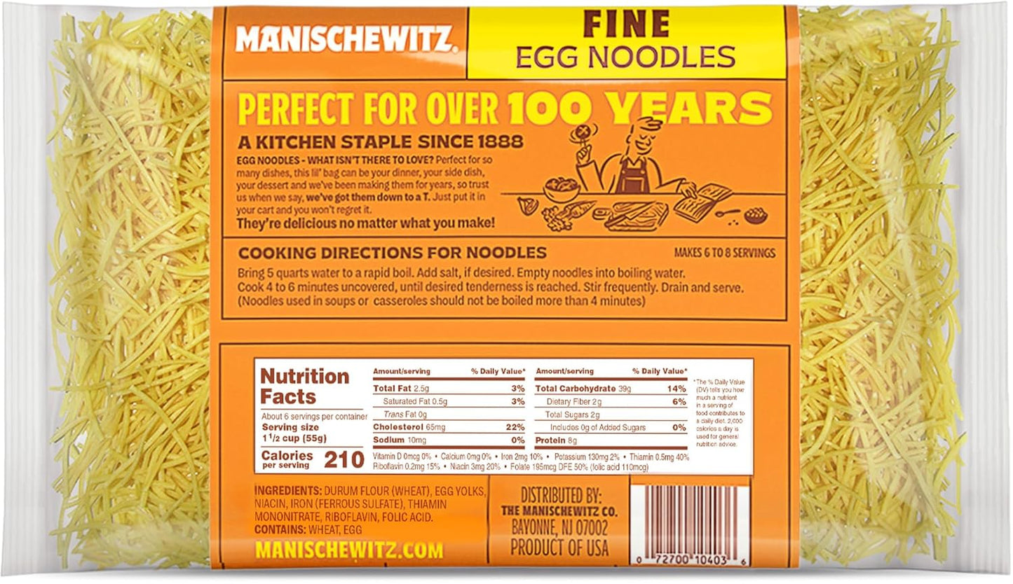 Manischewitz Traditional Fine Egg Noodles 12oz Bag (1 Pack) Certified Kosher for Year around Use (Not for Passover)
