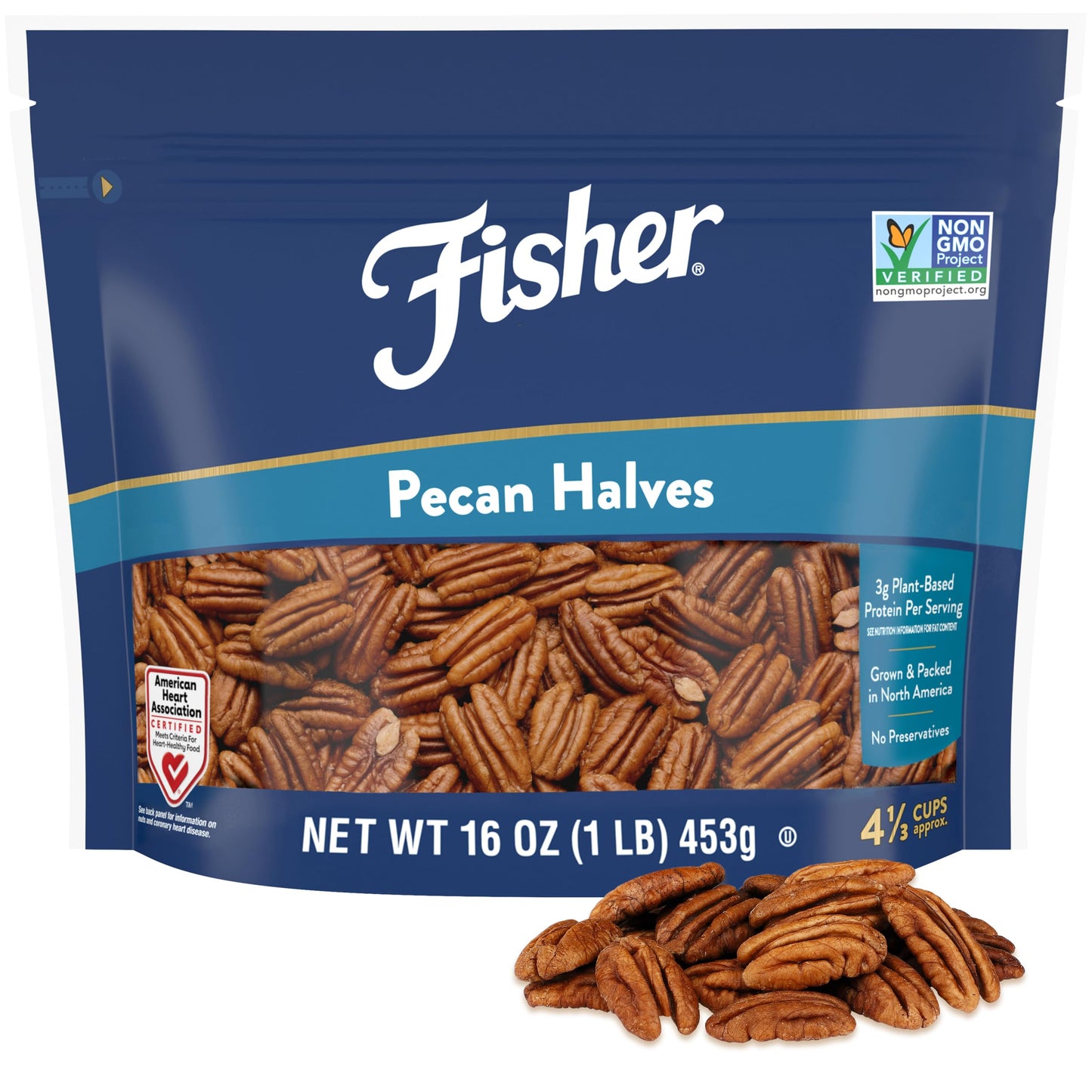 Fisher Chef's Naturals Pecan Halves 24 oz Resealable Bag, Unsalted Raw Nuts for Cooking, Baking & Snacking, Healthy Snacks for Adults, Vegan Protein, Keto Snack, Gluten Free Raw Pecans Halves