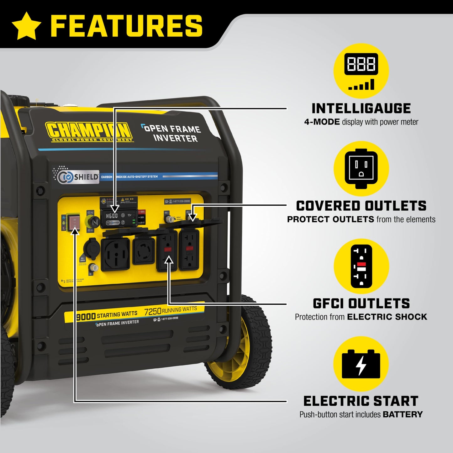 Champion Power Equipment 9000-Watt Electric Start Tri Fuel Home Backup Portable Open Frame Inverter Generator with Quiet Technology and CO Shield