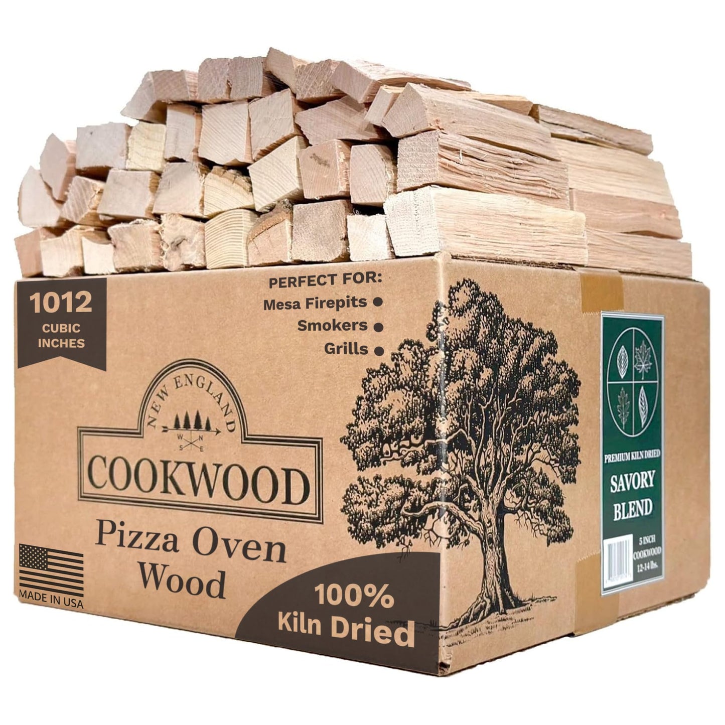 Savory Blend 5 Inch Universal Cooking Firewood - 14lbs. ~1000cuin Premium Kiln Dried Cooking Wood for Grills, Smokers and Ooni, Solo, Bertello Pizza Ovens (Savory Hardwood Blend)