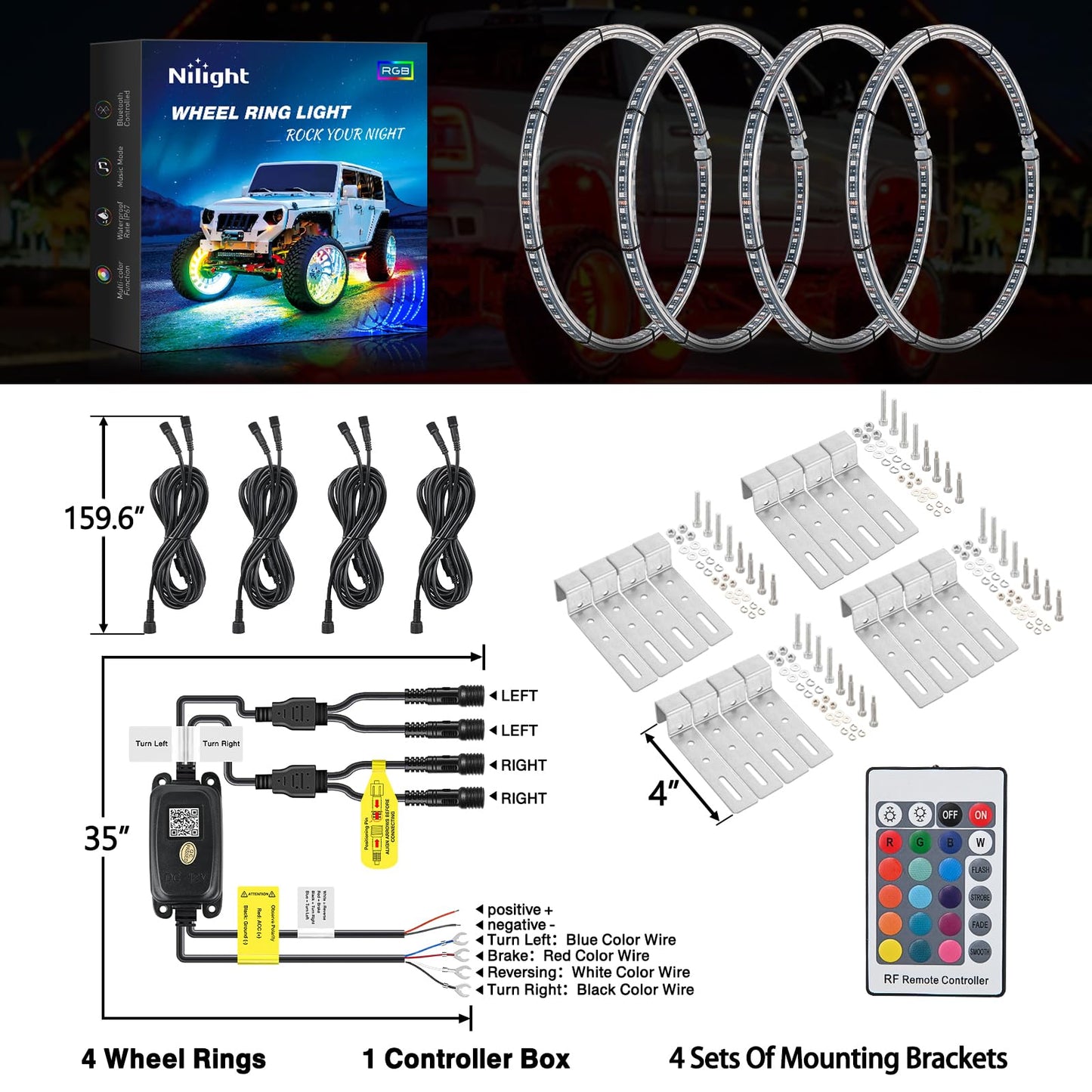 Nilight 4PCS 15.5inch LED Wheel Ring Lights RGB with APP and Remote Control Neon Lights Million Colors w/Turn Signal and Braking Function for Car Van SUV Truck
