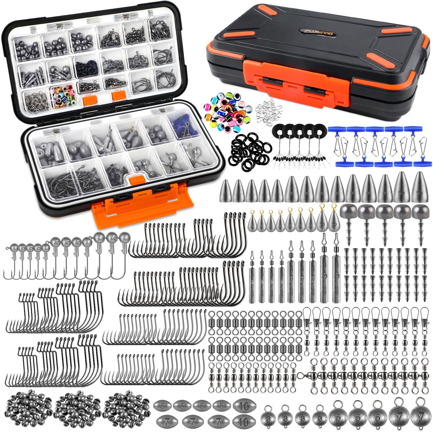 PLUSINNO 264/397pcs Fishing Accessories Kit, Organized Fishing Tackle Box with Tackle Included, Fishing Hooks, Fishing Weights Sinkers, Swivels, Beads, Fishing Gear Set Equipment for Bass Trout