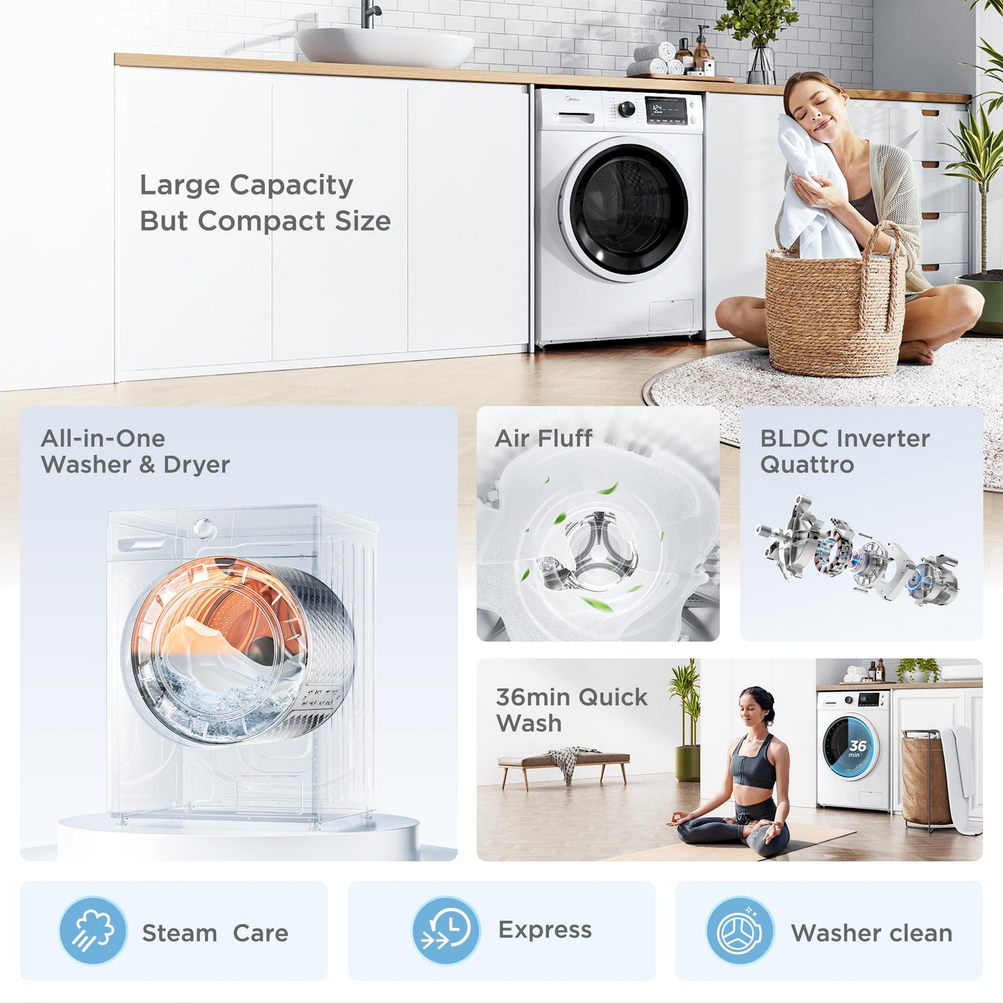 Midea 24 Inch Washer and Dryer Combo, All in One Washer and Dryer 2.7 cu.ft 26lbs, Ventless Washing Machine, Steam Care, Overnight Dry, 1400 RPM, 16 Cycles Front Load Washer, Full-Automatic, White