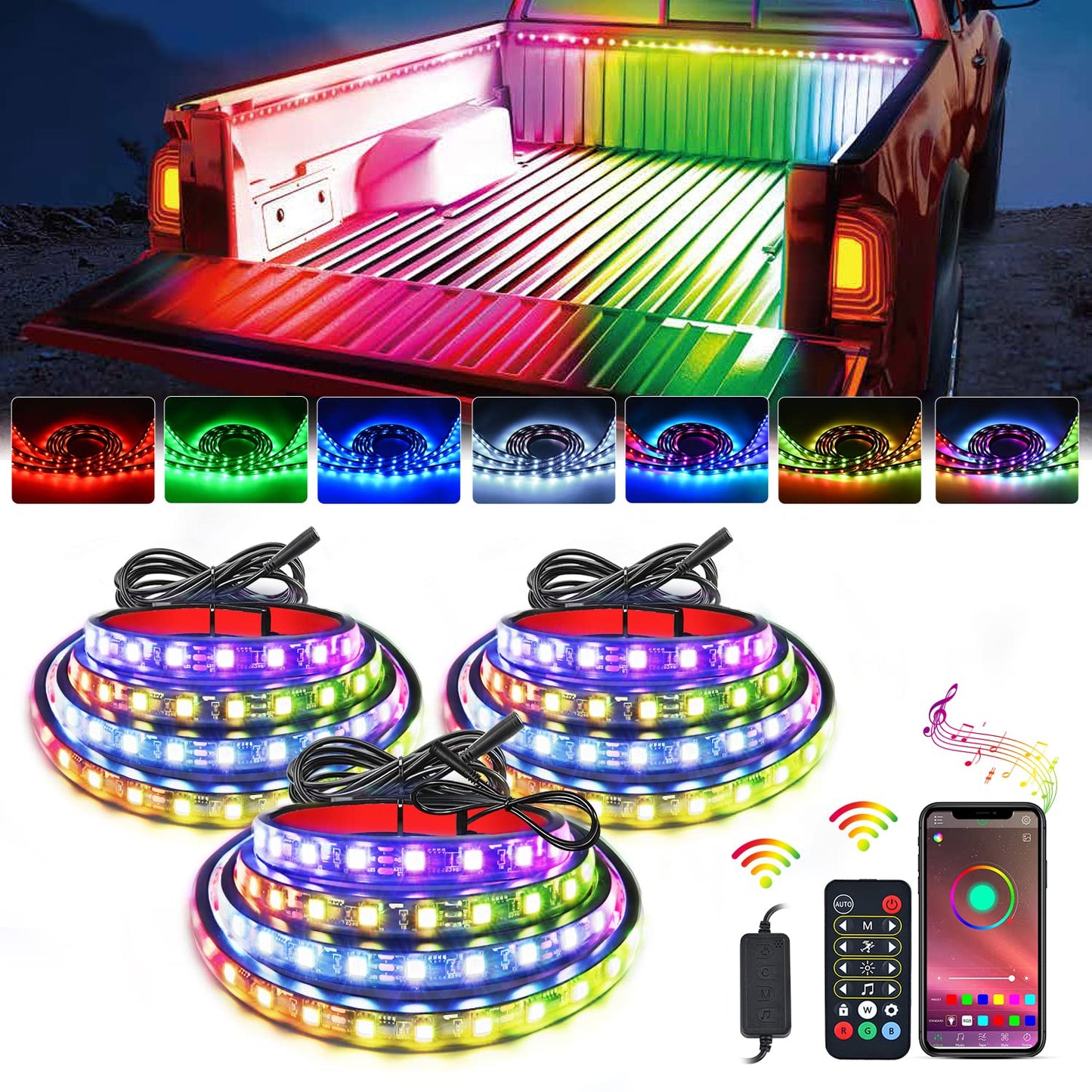 Nilight 3PCS 60 Inch RGB Truck Bed Light Strip Kit 270 LED Neon Accent Lights with RF Remote On Off Switch Splitter Extension Cable for Cargo Pickup Truck Camper RV SUV Boat