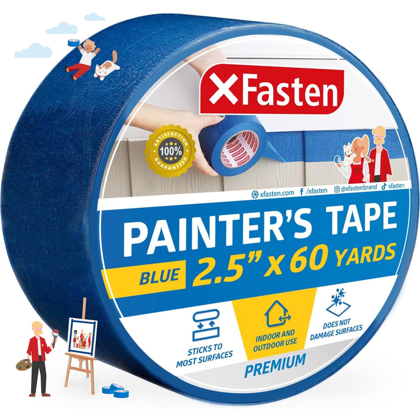 XFasten Blue Painters Tape Bulk 3-Inch x 60-Yards (12-Pack, 2160ft Total) Wall Safe Painters Tape 3 Inch Wide, Blue Masking Tape Bulk, Paint Tape for Walls, Painting, Automotive