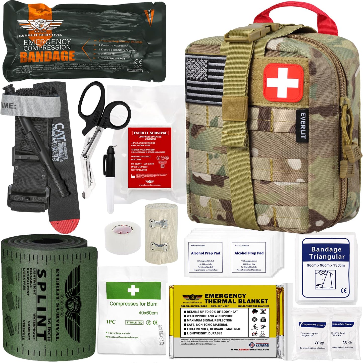 EVERLIT Emergency Trauma Kit, CAT GEN-7 Tourniquet 36" Splint, Military Combat Tactical IFAK for First Aid Response, Critical Wounds, Severe Bleeding Control (Black)