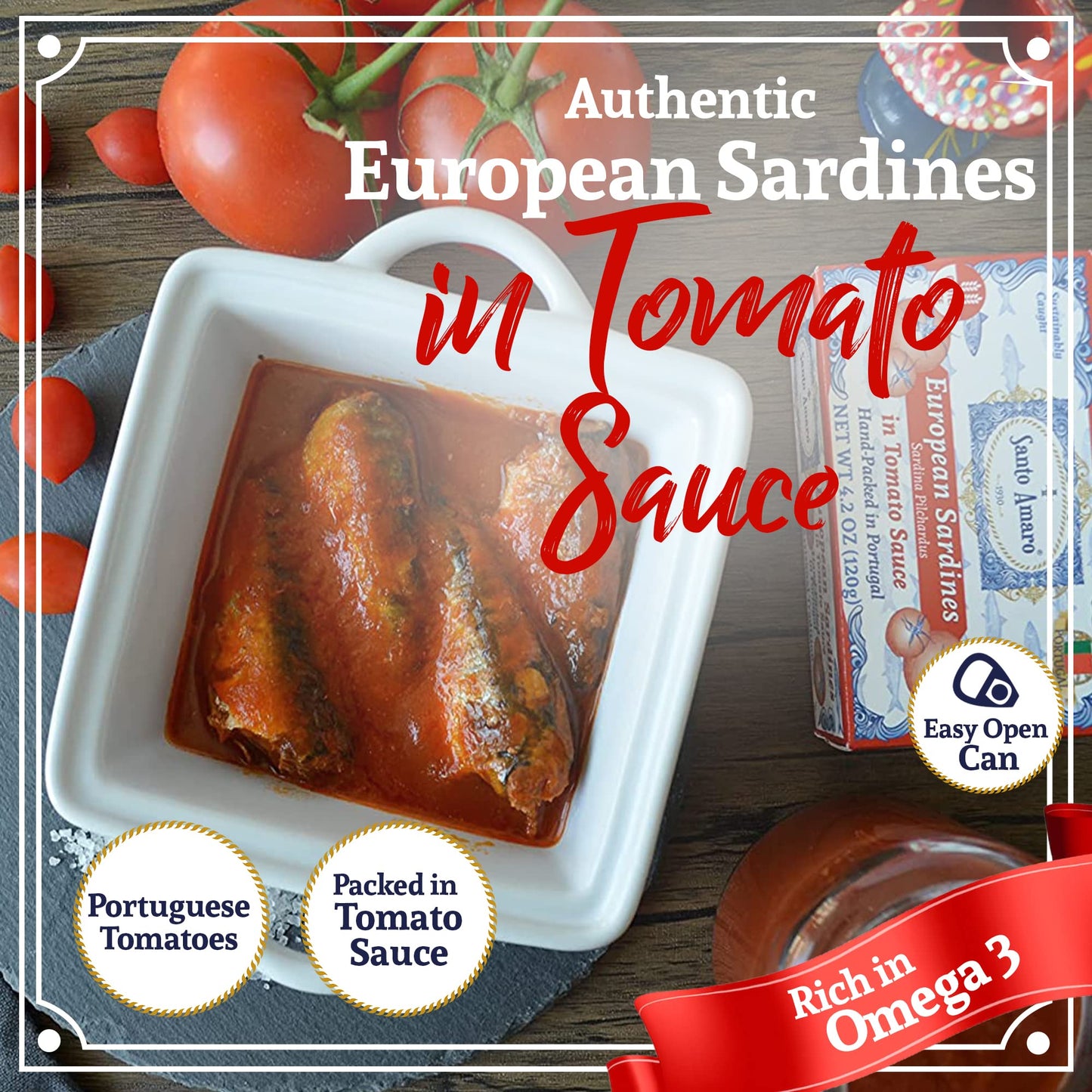 Santo Amaro - 6 Flavor Variety Pack Sampler European Wild Sardines - Virgin Olive Oil - Tomato Sauce from Puree - Virgin Olive Oil & Spicy Red Piri Piri Pepper - Spring Water - Virgin Olive Oil & Lisbon Lemon - Tomato Puree with Spicy Red Piri Piri Pepper