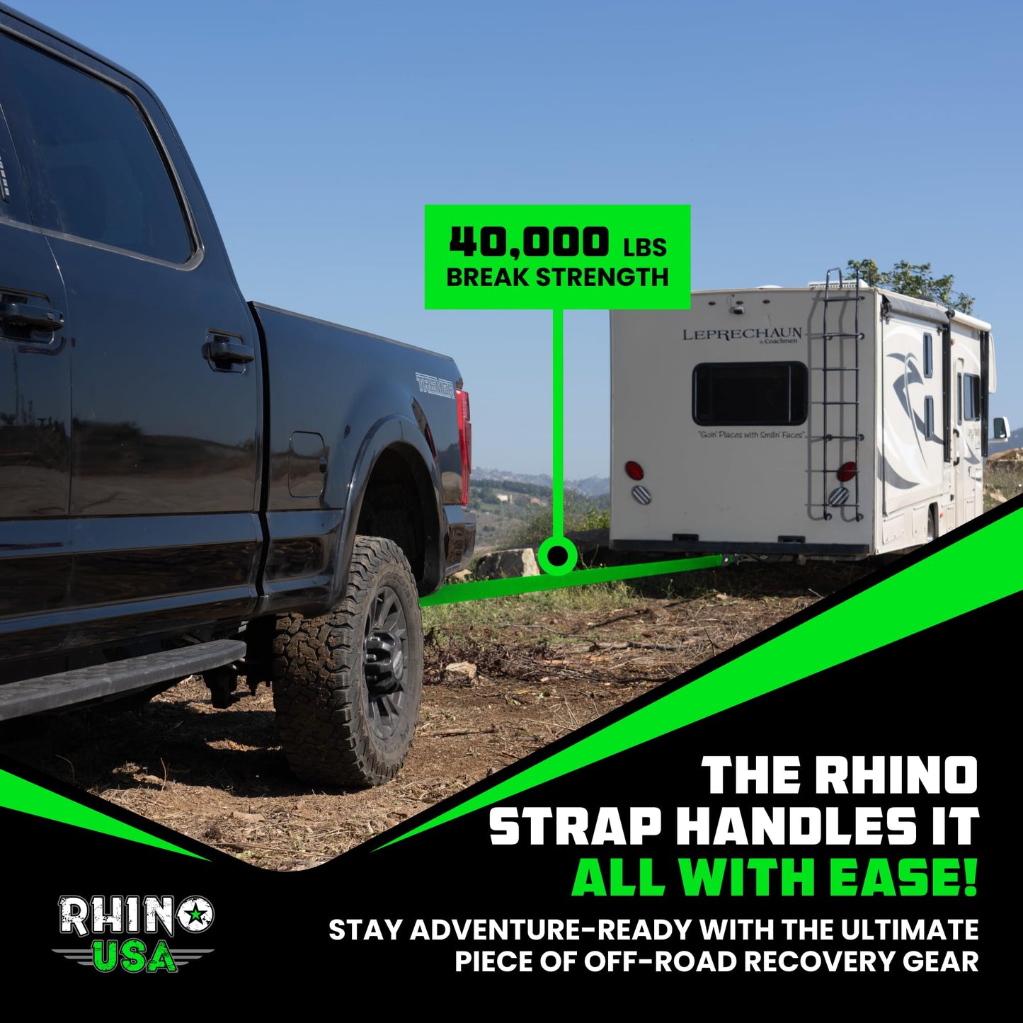 Rhino USA Recovery Tow Strap (3" x 20') - 31,518lb Break Strength - Emergency Recovery Strap Tow Rope for Truck, UTV, ATV & More - Heavy Duty Towing Strap for Offroad 4x4 Use - Compatible with Jeep