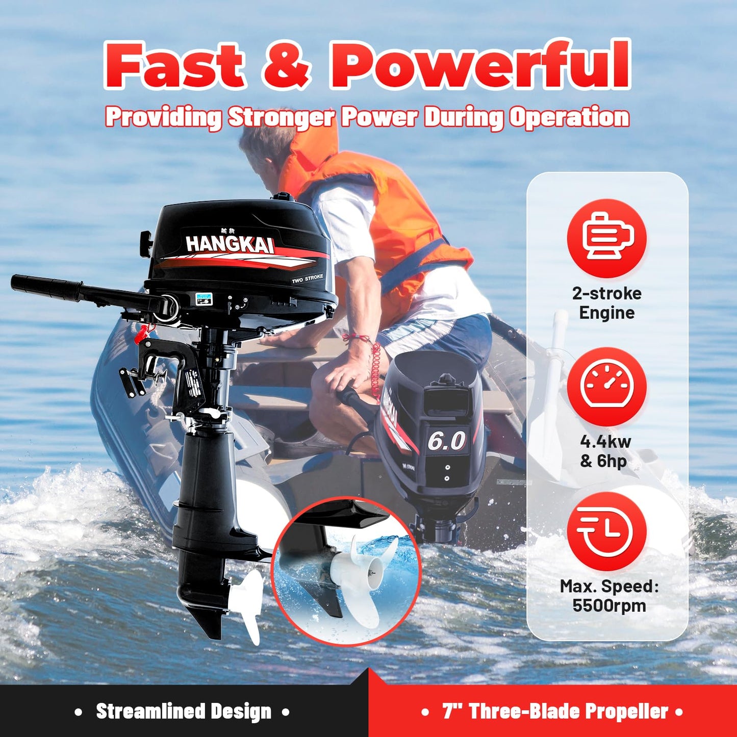 Gbonklong HANGKAI 2 Stroke 6HP Outboard Boat Motor, 102CC Heavy Duty Fishing Boat, 2 Stroke Engine Water-Cooled Outboard Motor for Rubber Boats, Inflatable Boats, Fishing Boats