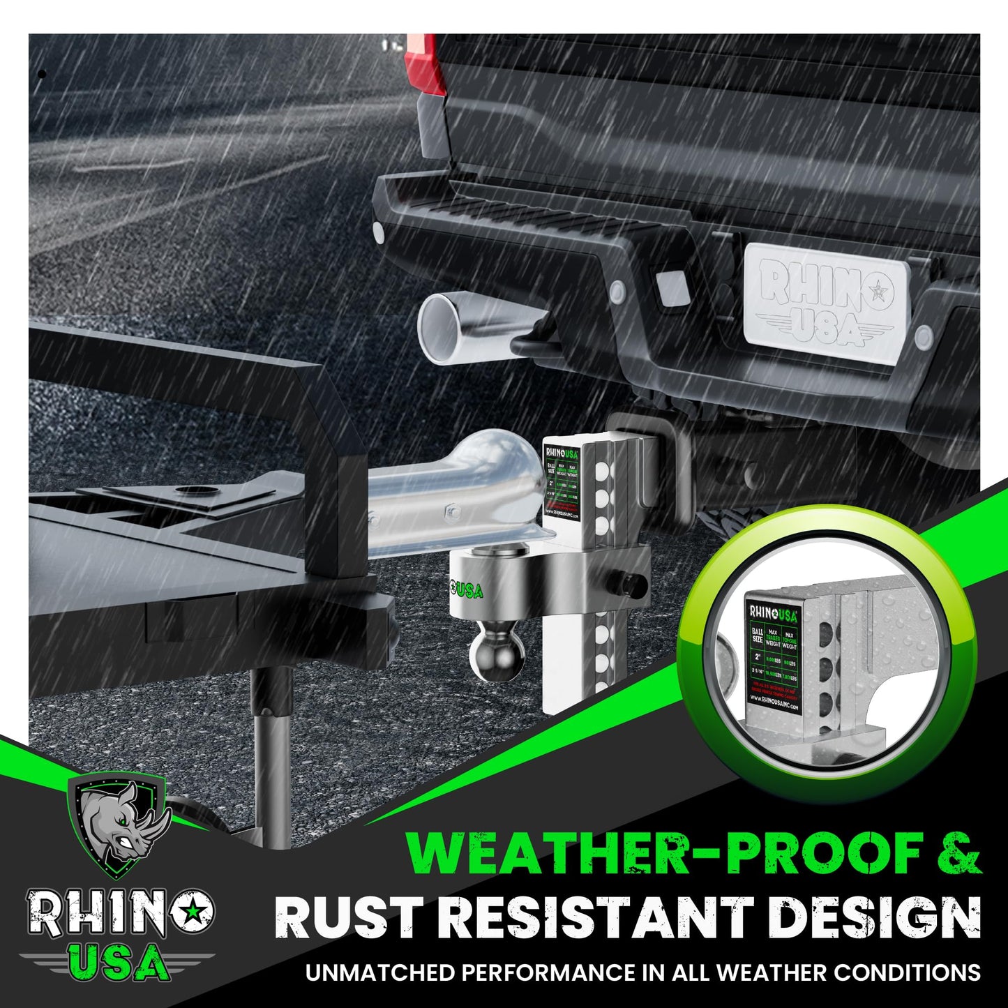 Rhino USA Adjustable Trailer Hitch (Fits 2-Inch Receiver) - Heavy Duty Aluminum Tow Hitches with 6-Inch Drop/Rise for Truck (12,500 LBS GTW) - Weatherproof Double Anti-Theft Locking Hitch Pins (Black)