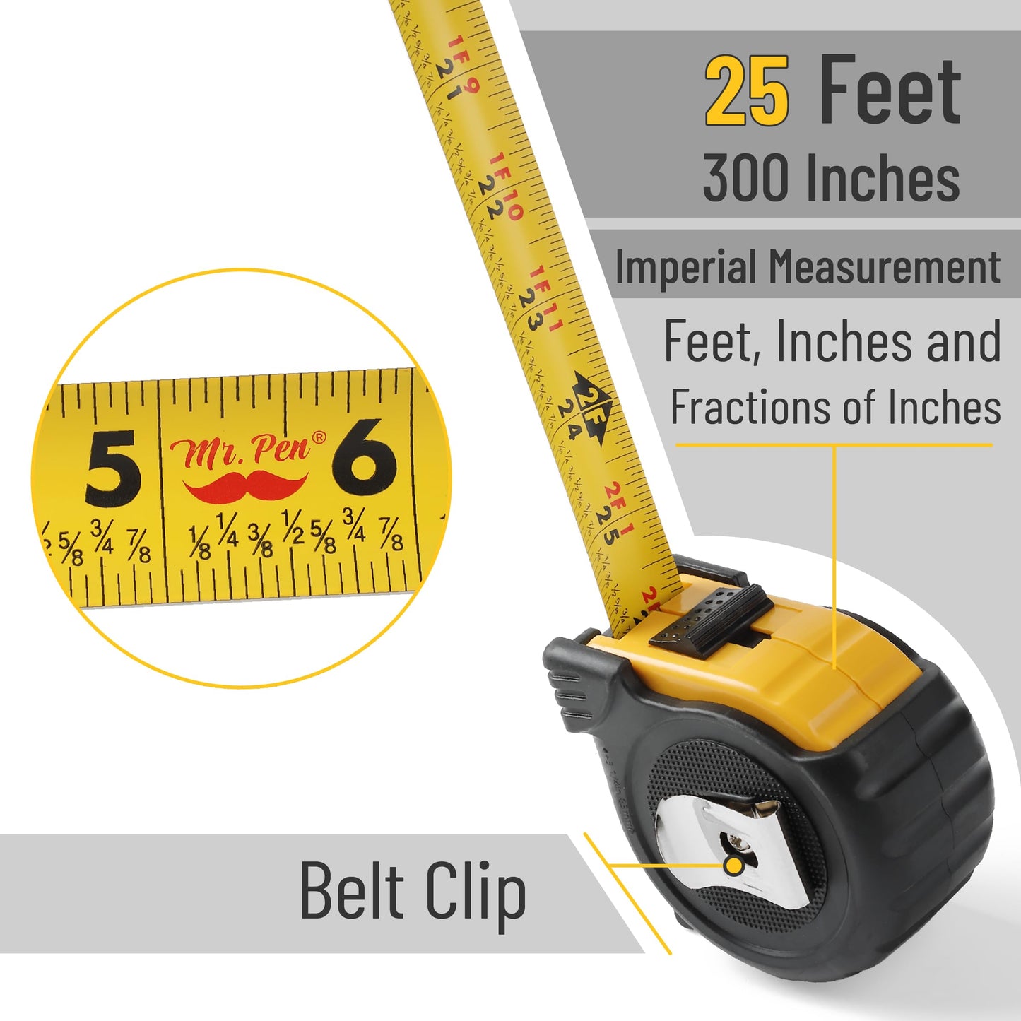 Mr. Pen 25-Foot Steel Retractable Tape Measure with Easy Read Fractions