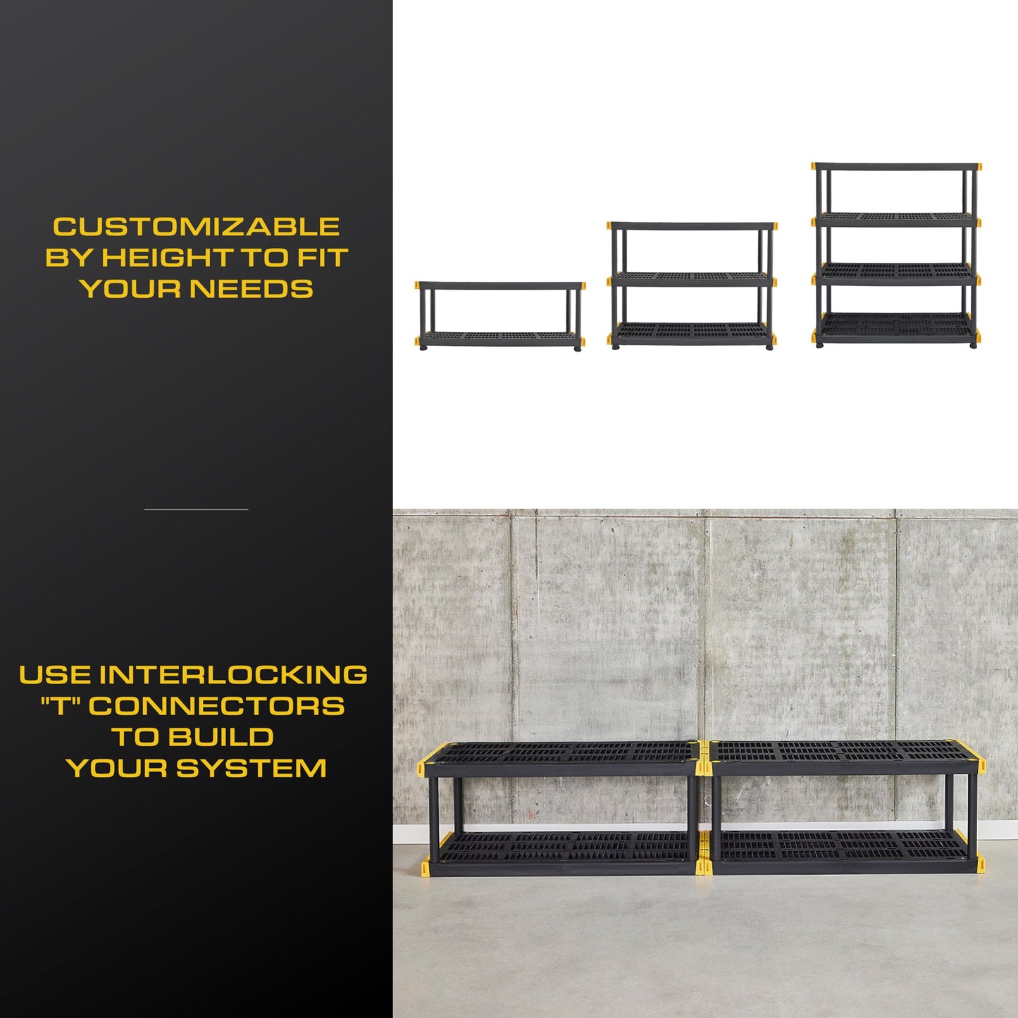 BLACK & YELLOW, 4-Tier Heavy Duty Plastic Storage Shelving Unit, 200lbs/shelf (55"H x 48"W x 20"D), for Indoor/Outdoor Organization, Modular Rack