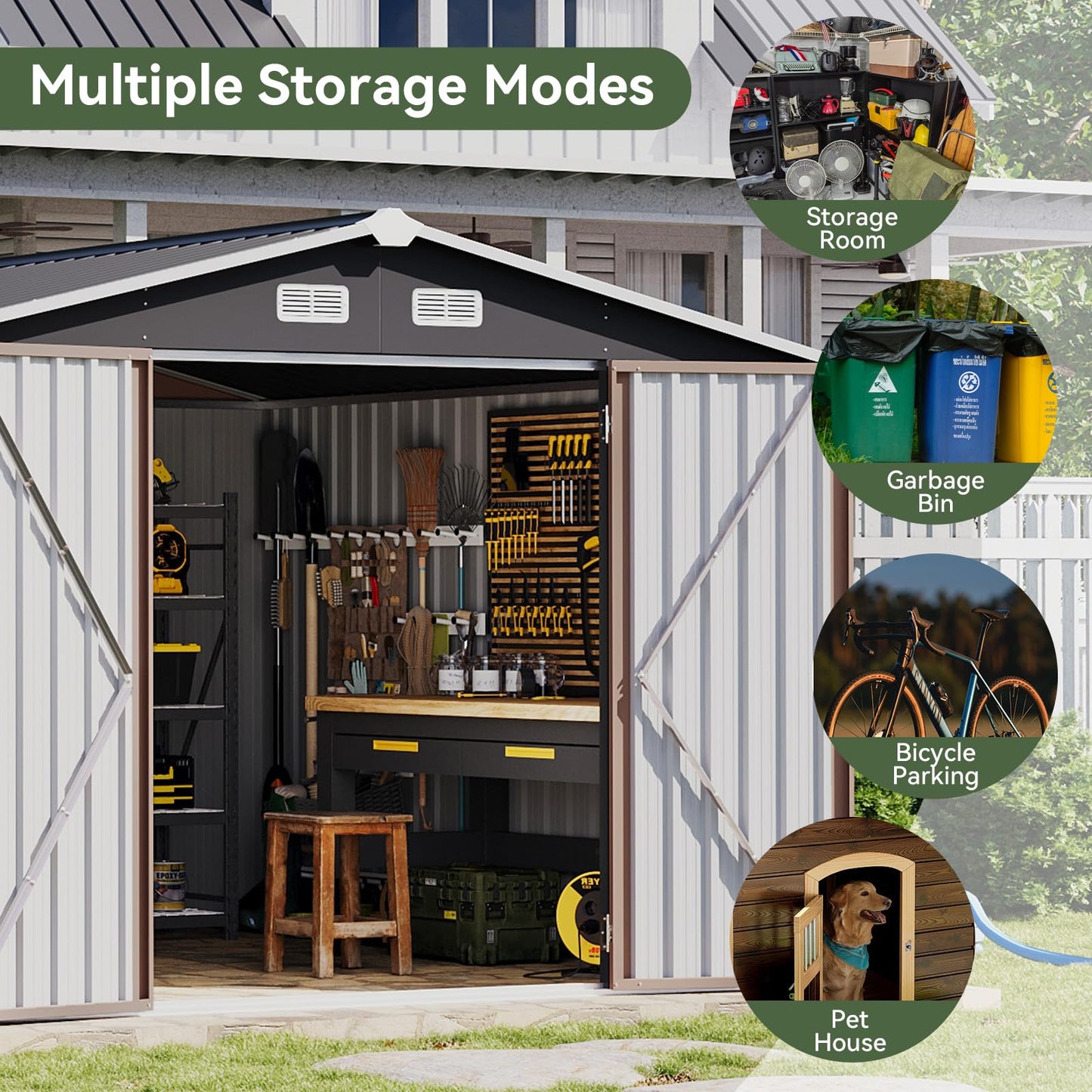 Aoxun 12x10 FT Shed Metal Outdoor Waterproof Storage Shed Steel Utility Garden Tool Shed with Door & Lock Outdoor Storage for Garden Patio Lawn Poolside, Brown