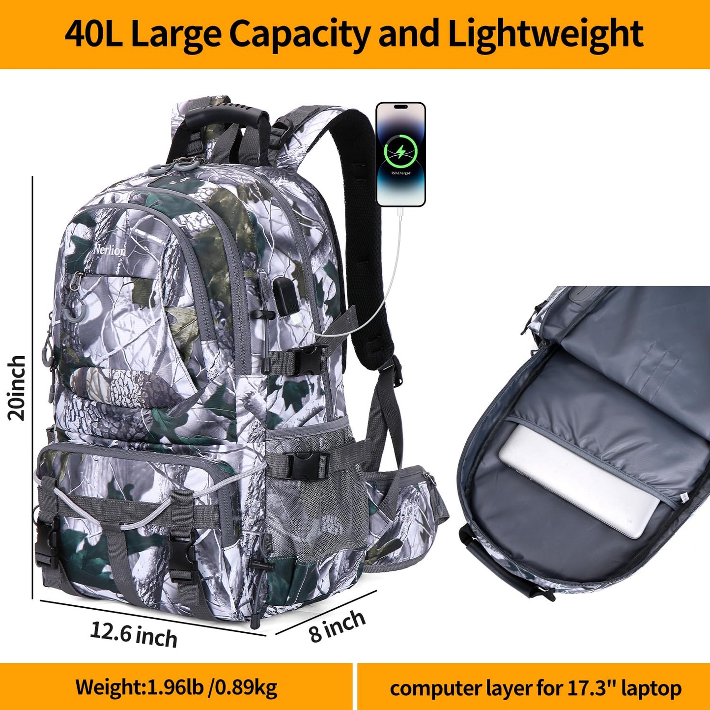 Nerlion 40L Hiking Backpack Travel Backpack for Men Women Camping Waterproof Outdoor Hiking Daypack Lightweight Backpack (Orange)