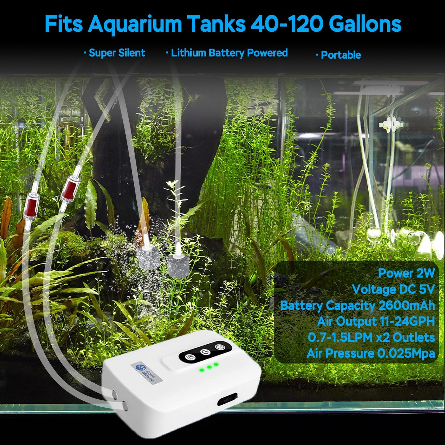 AquaMiracle Lithium Battery Powered Portable Aquarium Air Pump for Fish Tank, USB Rechargeable Aquarium Bubbler Aerator for Outdoor Fishing, Power Outages and Emergency