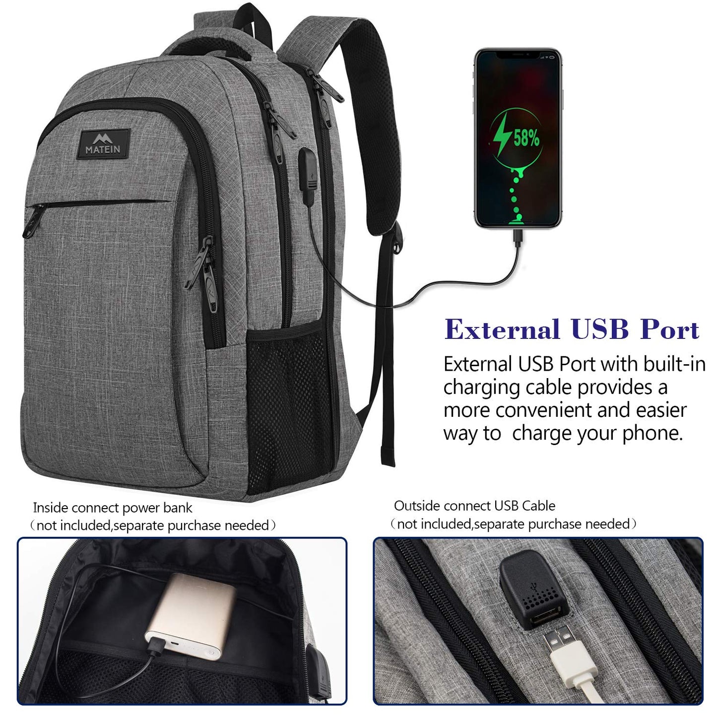 MATEIN Travel Laptop Backpack, Business Anti Theft Slim Sturdy Laptops Backpack with USB Charging Port, Water Resistant College School Computer Bag Gift for Men & Women Fits 15.6 Inch Notebook, Grey
