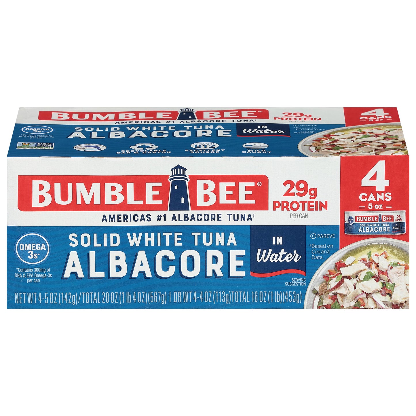 Bumble Bee Solid White Albacore Tuna in Water, 5 oz Can (Pack of 8) - Wild Caught Tuna - 29g Protein per Serving, High in Omega-3s - Non-GMO Project Verified, Gluten Free, Kosher