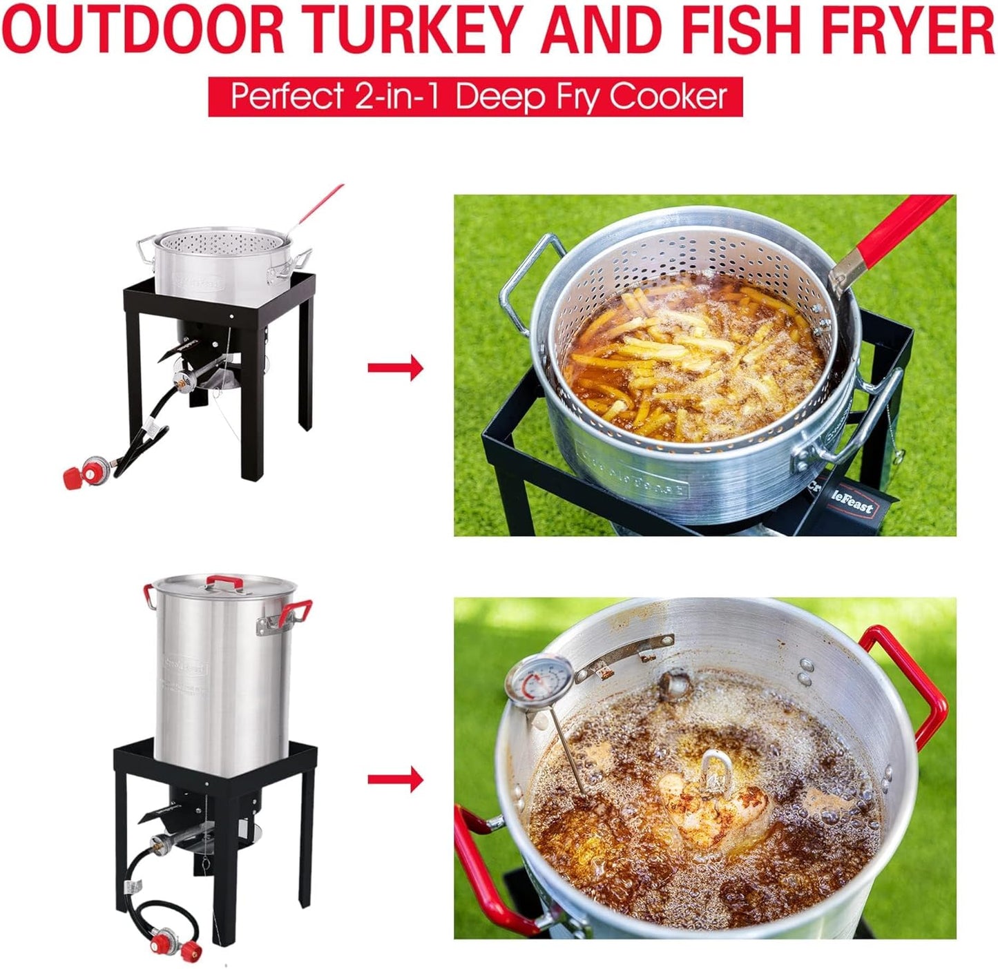 CreoleFeast TFS3010 Propane 30 Qt. Turkey and 10 Qt. Fish Fryer Boiler Steamer Set, 50,000 BTU Burner, Ideal for Outdoor Cooking