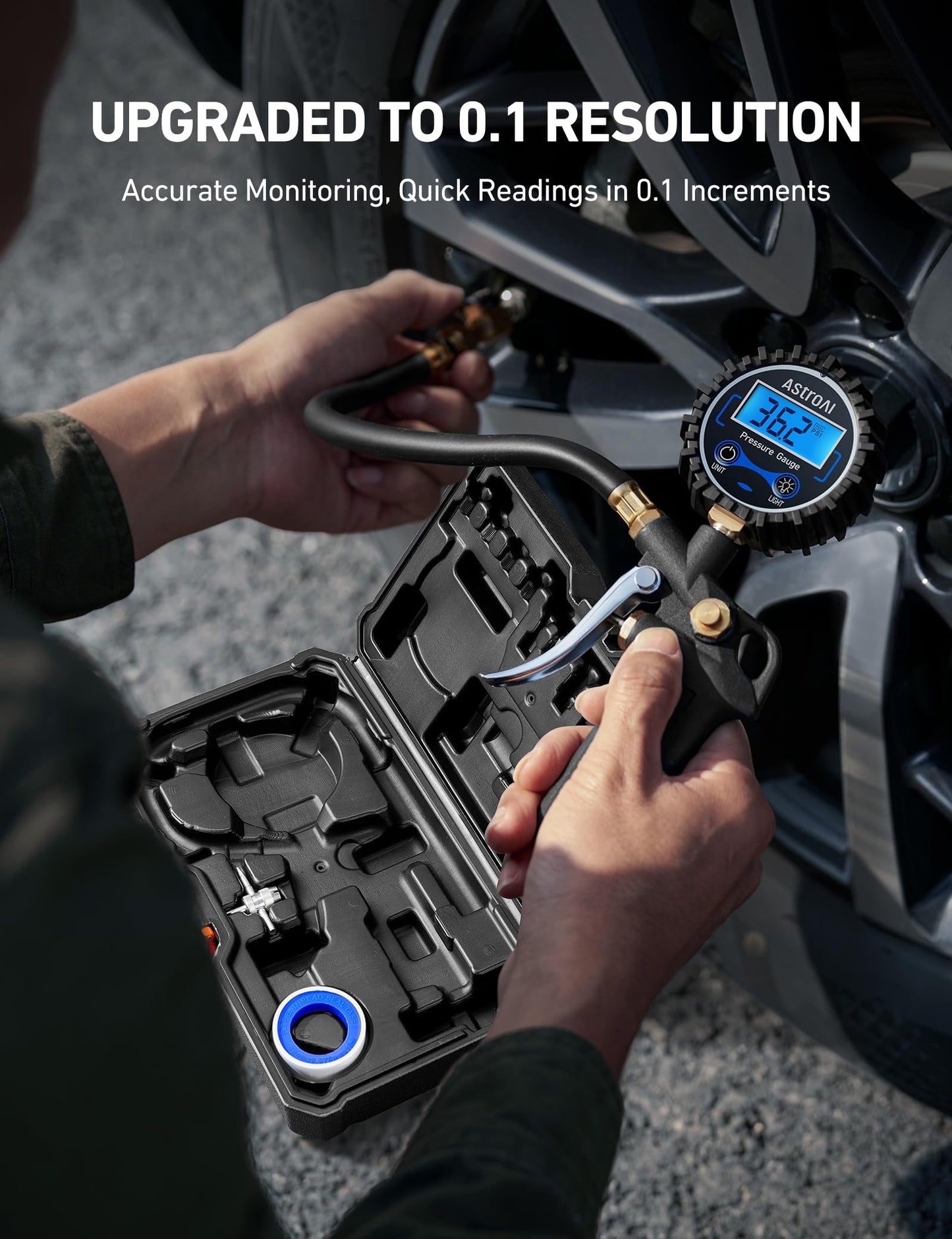 AstroAI Digital Tire Pressure Gauge with Inflator, 3-250 PSI Air Chuck & Compressor Accessories Heavy Duty with Quick Connect Coupler, 0.1 Display Resolution, 1pack