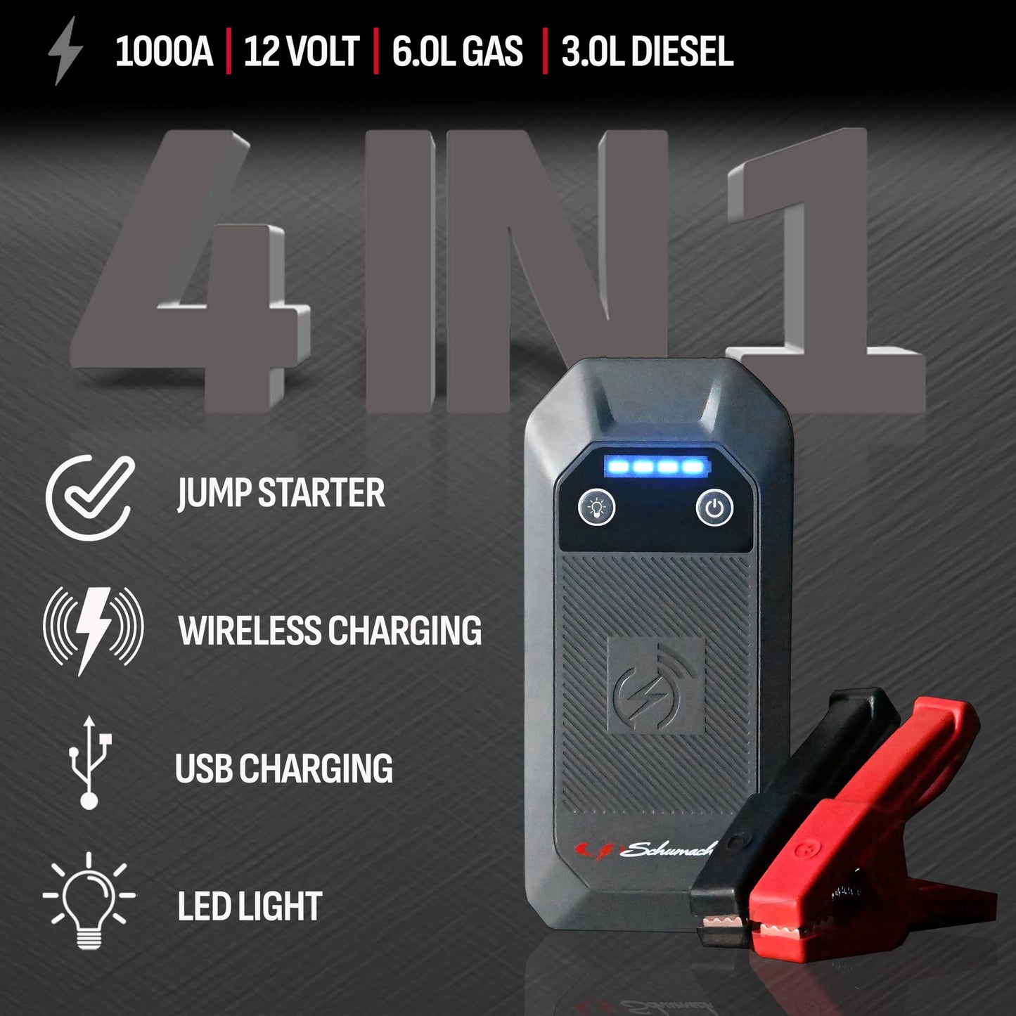 Schumacher Electric 12V Lithium Jump Starter & Power Pack - Portable 1000A Battery Jumper with 10W Wireless Charging, USBA/USBC Fast Charging & Multi-Mode LED Flashlight - 4-in-1 SL1672