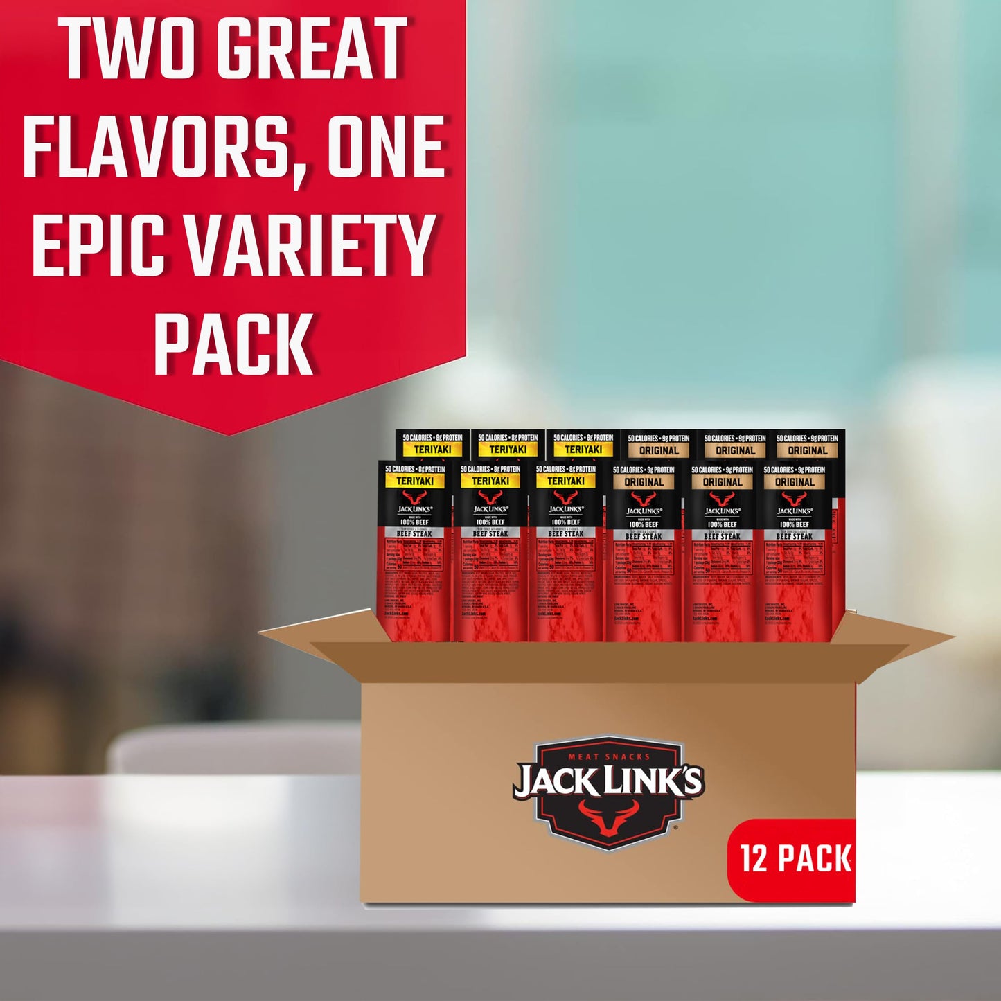 Jack Link's Beef Steak, Original - Protein Snacks, Meat Snack with 12g of Protein, Made with 100% Beef, Individually Wrapped Bulk Snack Pack, Keto Friendly - 1 Oz. (12 Count)