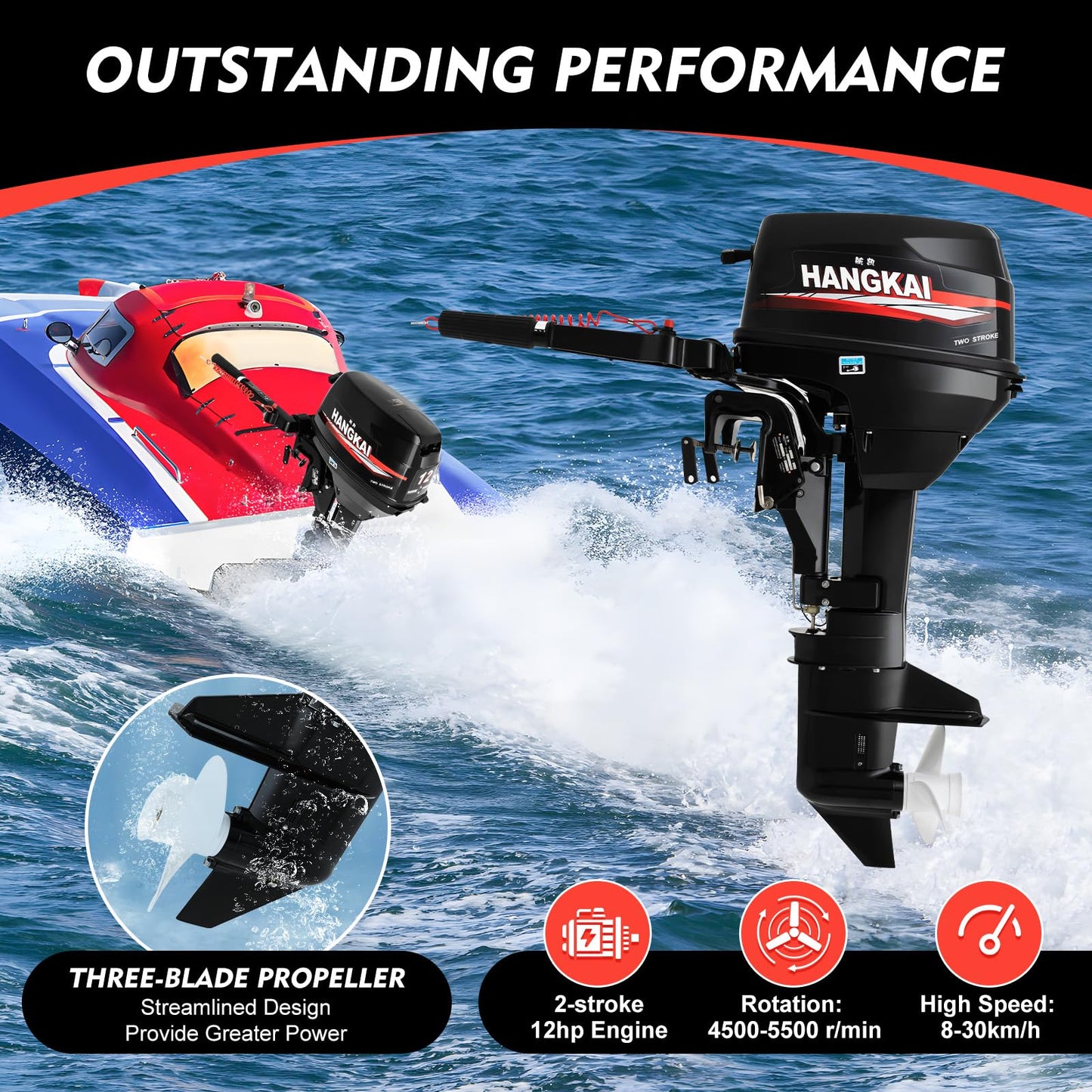 JAYGOVAN HANGKAI 12HP 2 Stroke Outboard Motor, 169CC Heavy Duty Short Shaft Fishing Boat Engine w/Water Cooling System & CDI Ignition System Gas Powered Fishing Boat Motor for Aquaculture Outdoor