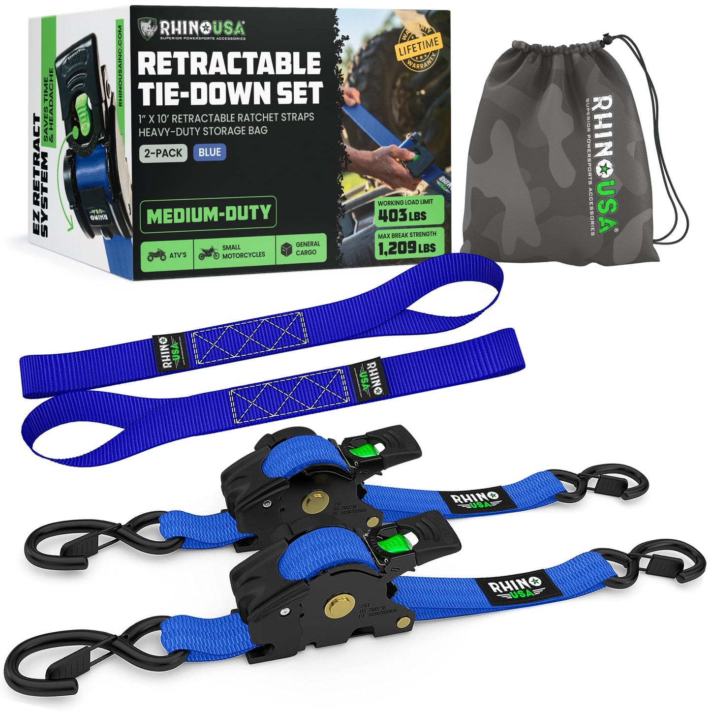 Rhino USA Retractable Ratchet Straps (4-Pack) - 1 Inch x 10 Feet (1,209lb Break Strength) - Heavy Duty Auto Self Retracting Tie Down Straps for Truck, Cargo Trailer, Motorcycle, Rad & More - Black