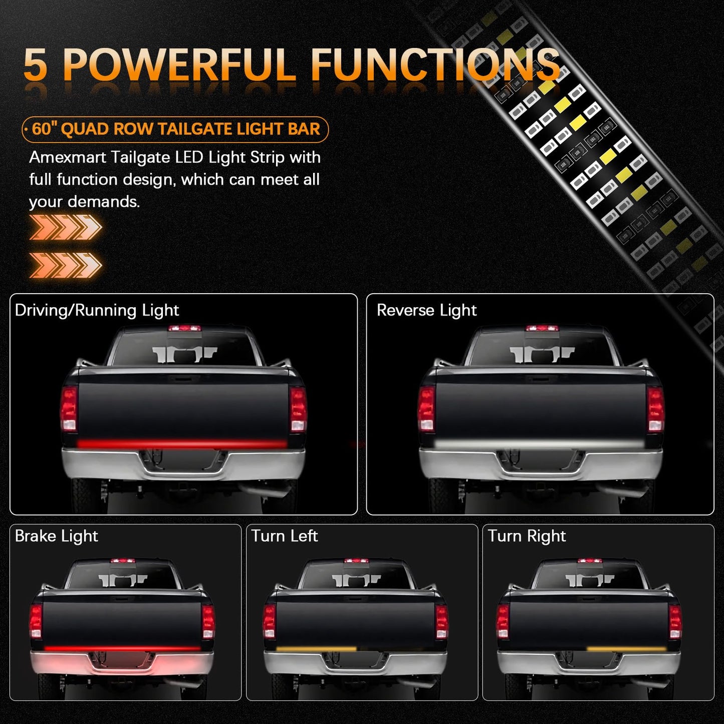 60 Inch LED Tailgate Light Bar with Reverse & Sequential Turn Signals for Truck