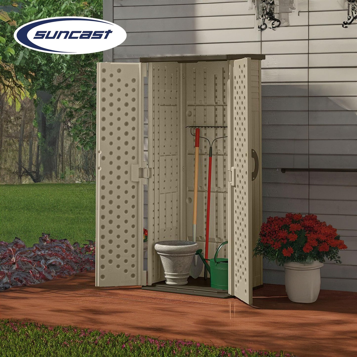 Suncast 54 Cubic Feet Vertical Storage Shed with Durable Plastic Construction, Multiple Wall Panels and Ample Space for Outdoor Storage