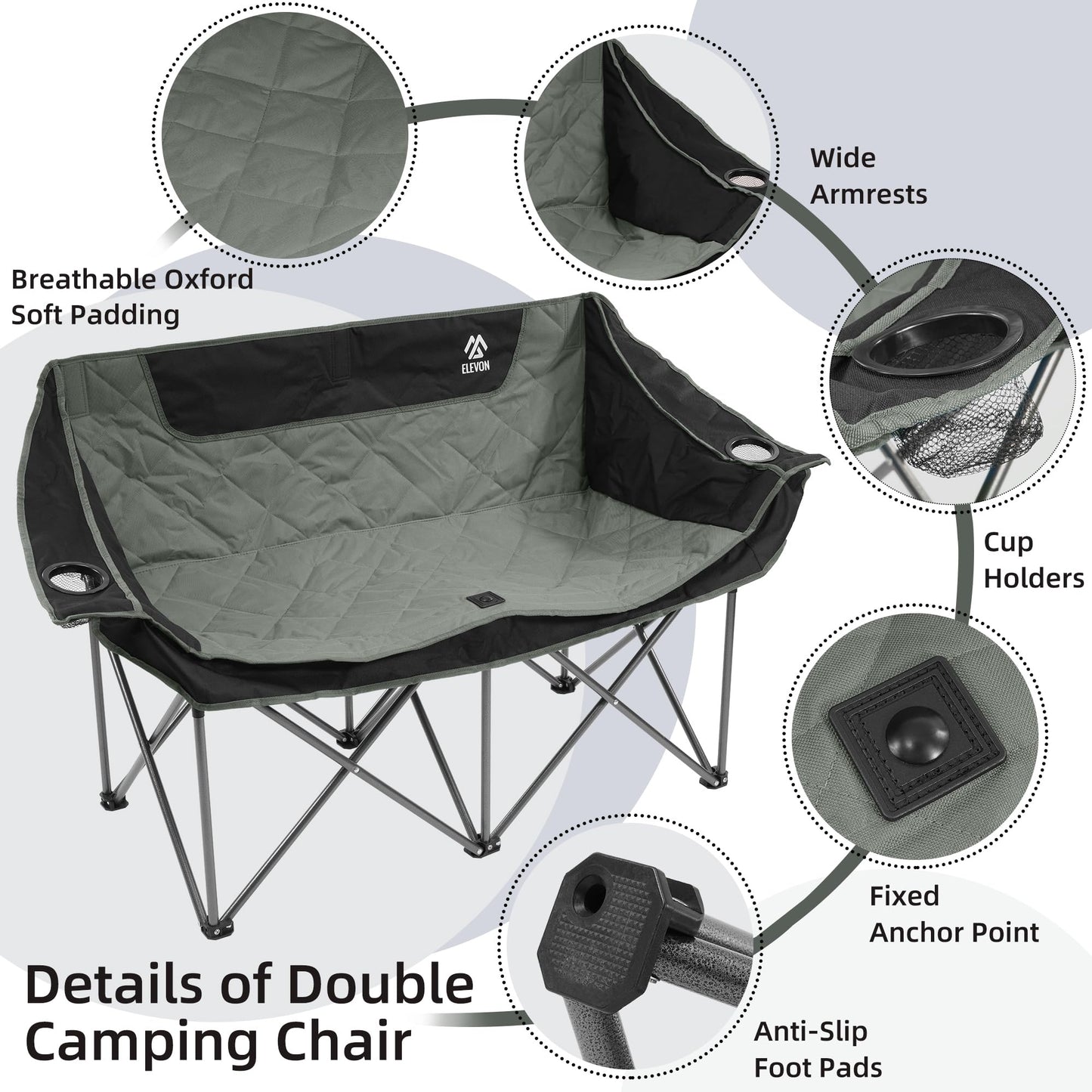 Camping Chair, Oversized Loveseat Double 2 Person Outdoor Chair with Arms, Cup Holder and Carry Bag, Heavy-Duty Collapsible Chair for Outside,Black/Gray