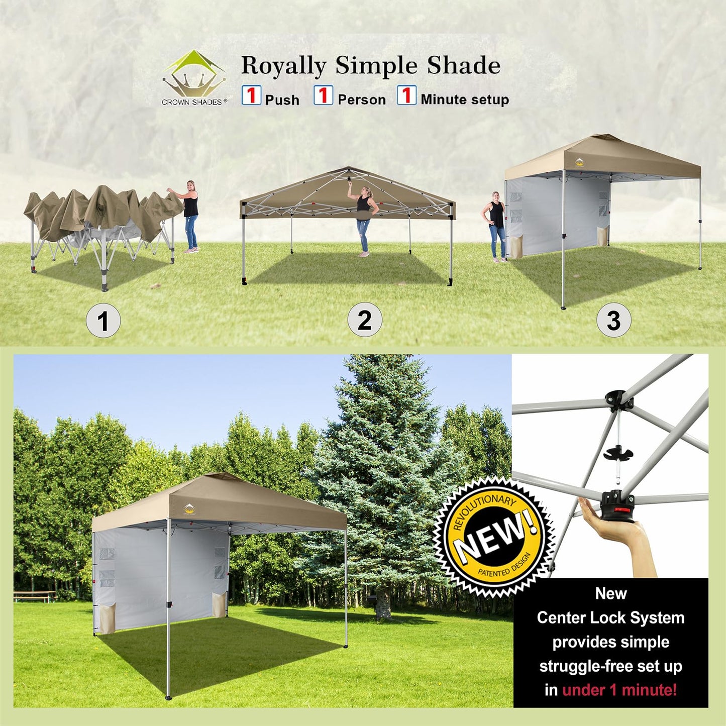 CROWN SHADES Canopy Tent 10x10 Pop Up Canopy Outdoor Shade with Pockets Sidewall, Easy Up Sun Shelter with One Person Set Up Center Lock, Portable Instant Camping Beach Canopy Tents, Forest Green