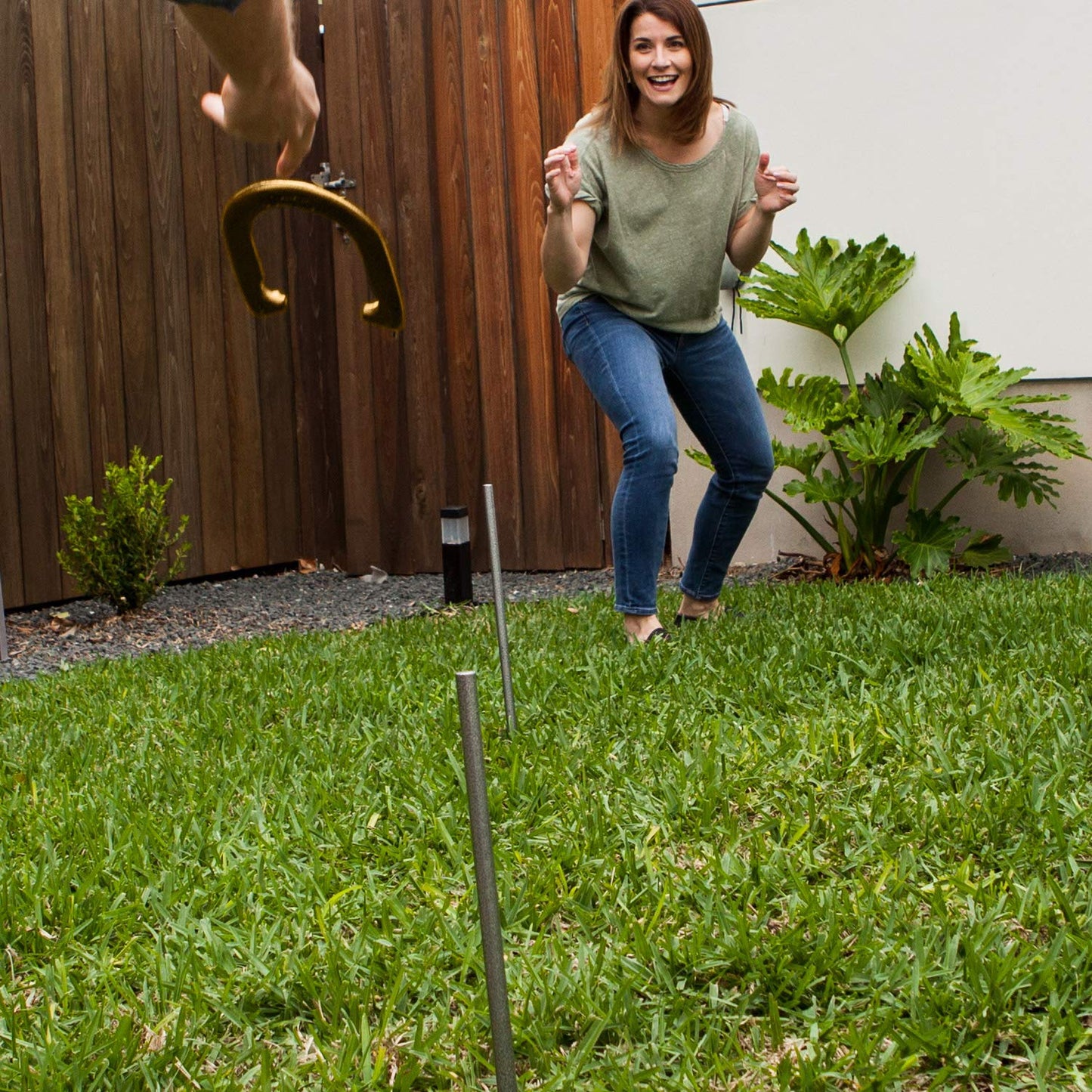 Champion Sports Classic Horseshoe Set: Traditional Outdoor Lawn Game includes Four Professional Solid Steel Horseshoes with Solid Steel Stakes & Carrying Case