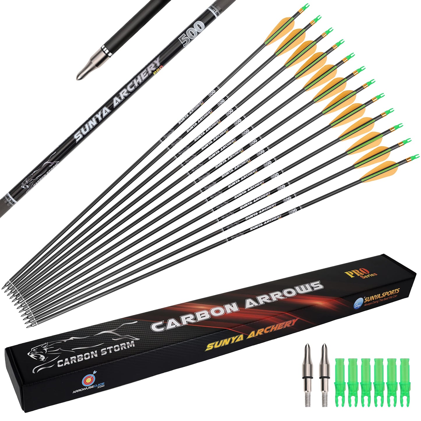 SUNYA Archery Compound Bow Arrows 12pcs Set. 30" Carbon Shaft, Spine 400 or 500 with Removable Tips