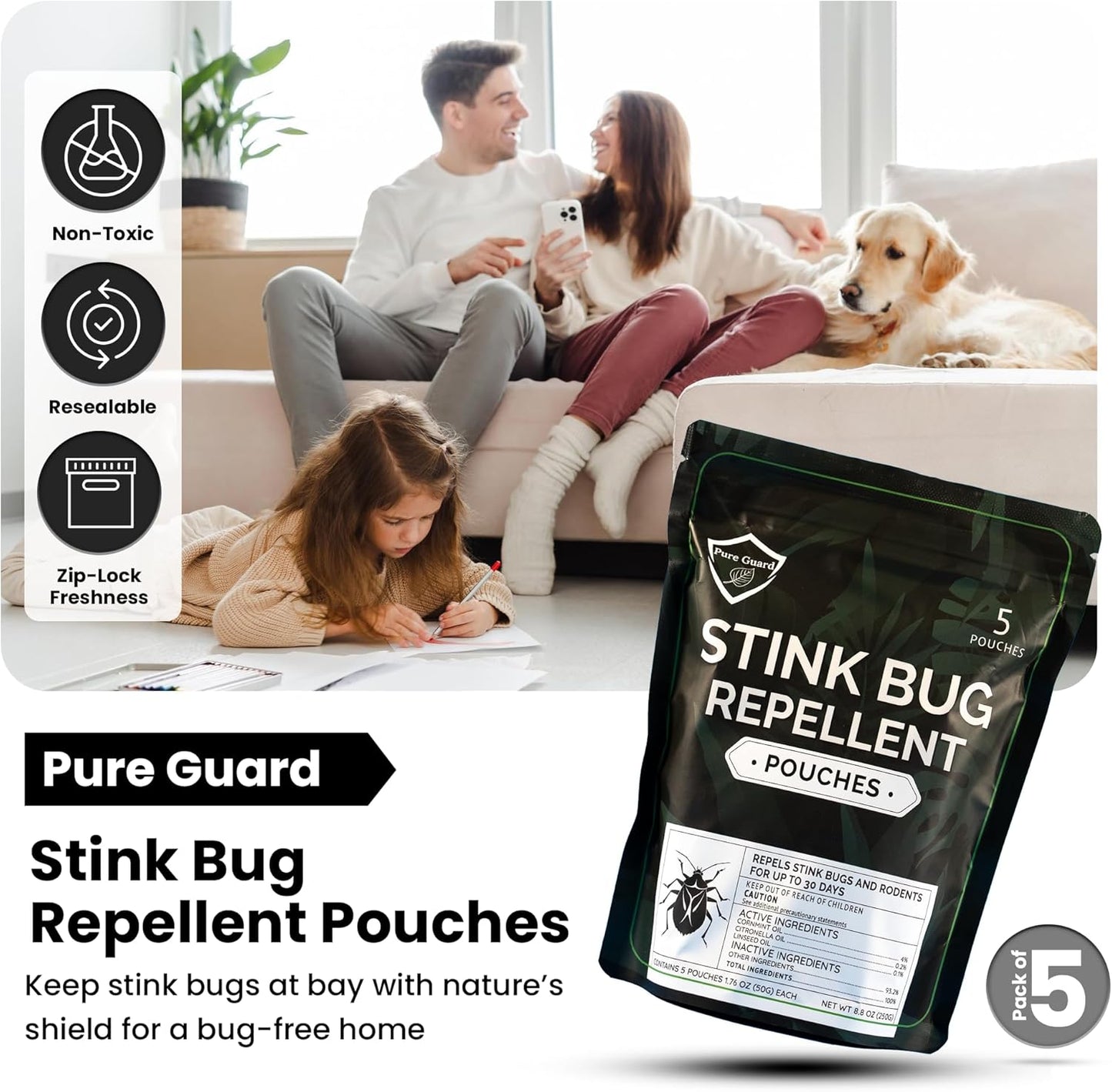 PureGuard Stink Bug Defense Pouches Extra Large – Family and Pet Safe, Fresh Scent, Indoor & Outdoor Use, 50g (5-Pack)