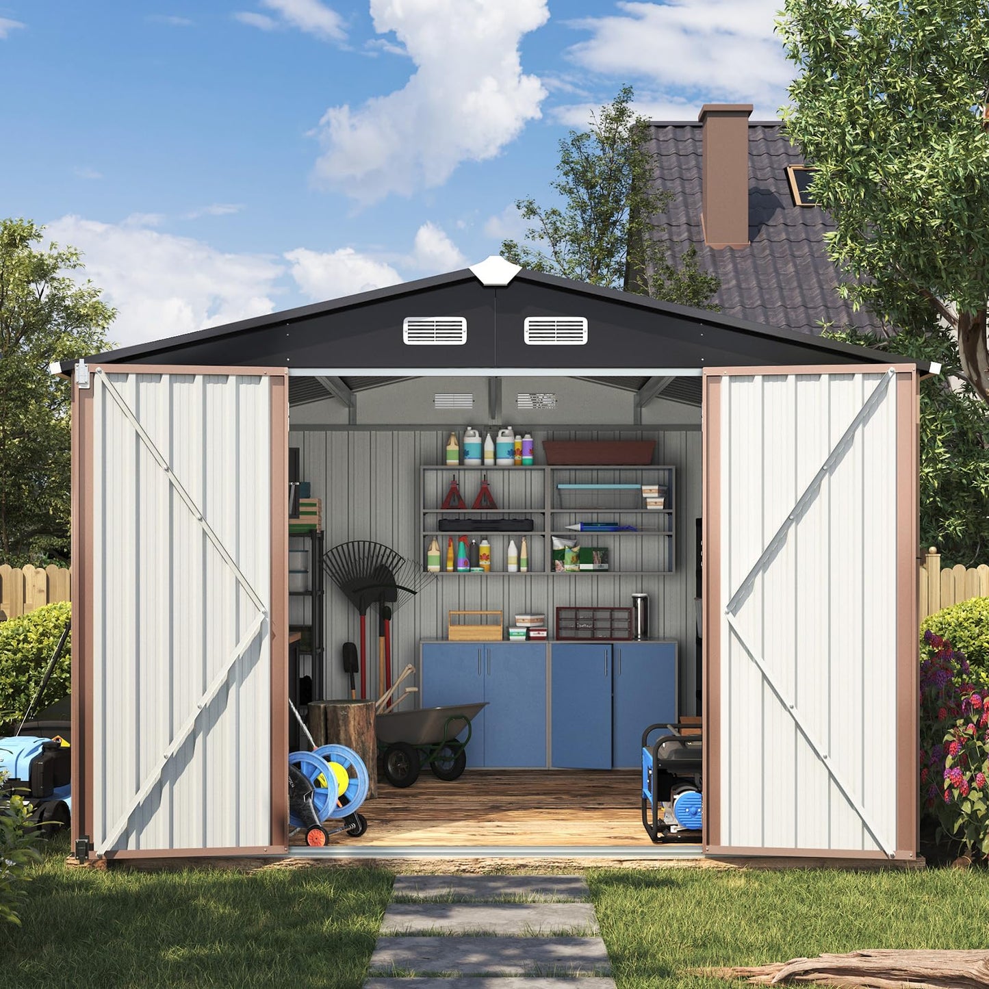 Aoxun 12x10 FT Shed Metal Outdoor Waterproof Storage Shed Steel Utility Garden Tool Shed with Door & Lock Outdoor Storage for Garden Patio Lawn Poolside, Brown