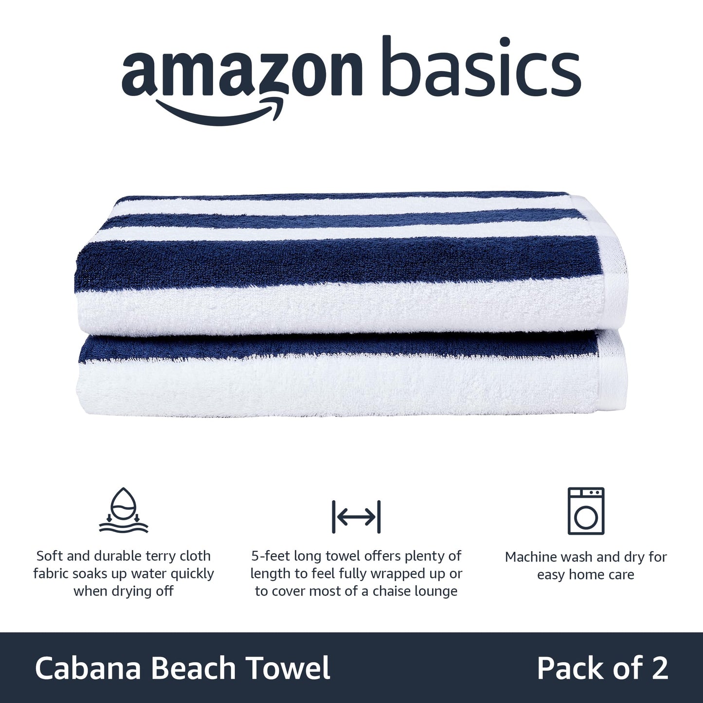 Amazon Basics 100% Cotton Soft & Absorbent Beach Towels, Cabana Stripe, Fast Drying, Machine Washable, Large 30 in x 60 in, Navy Blue, 2-Pack