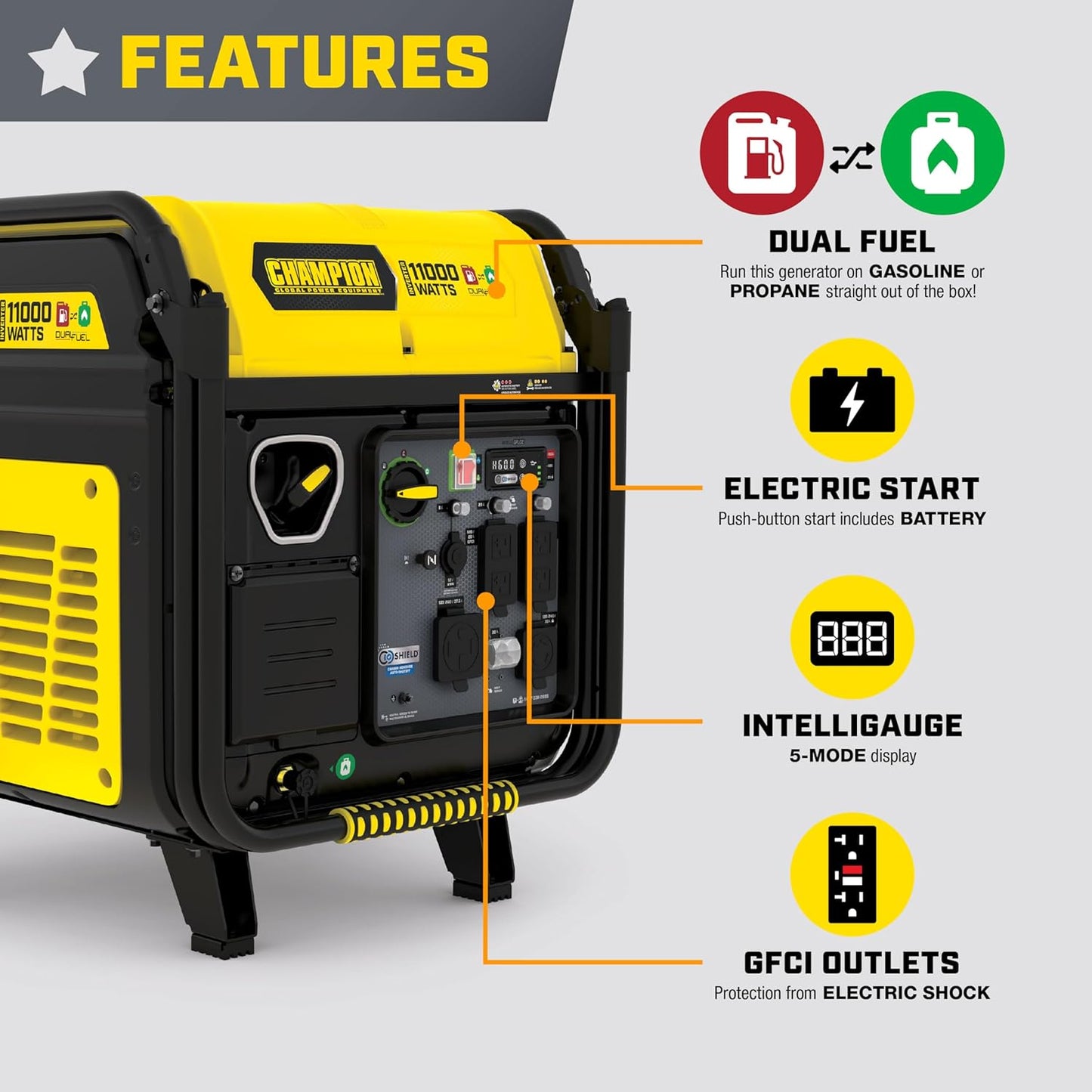 Champion Power Equipment 11,000-Watt Electric Start Dual Fuel Home Backup Portable Inverter Generator with Quiet Technology and CO Shield