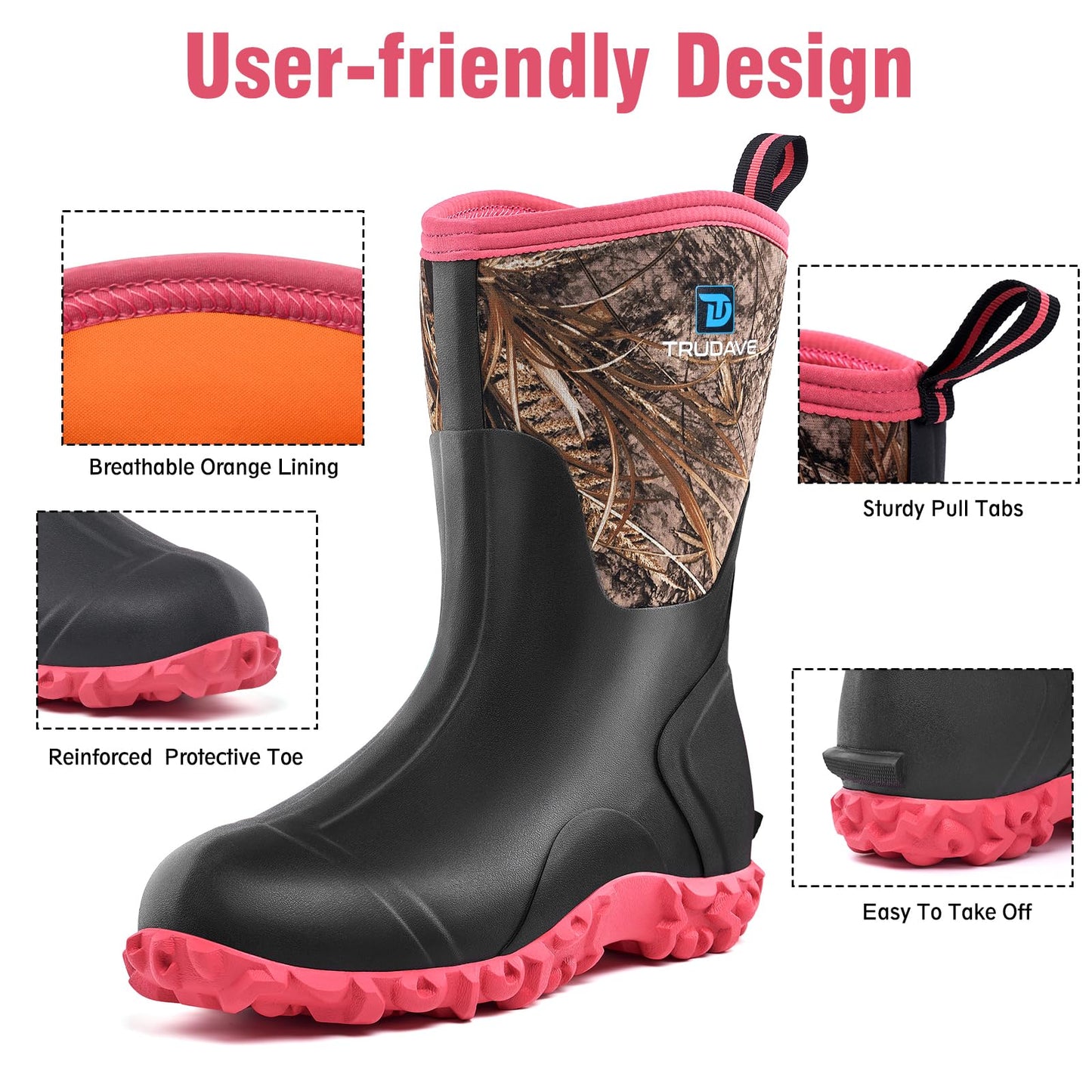 Rubber Boots for Women with Steel Shank, 6mm Neoprene Mid Calf Rain Boots, Waterproof Insulated Mud Work Boots All Season, Size 5-11