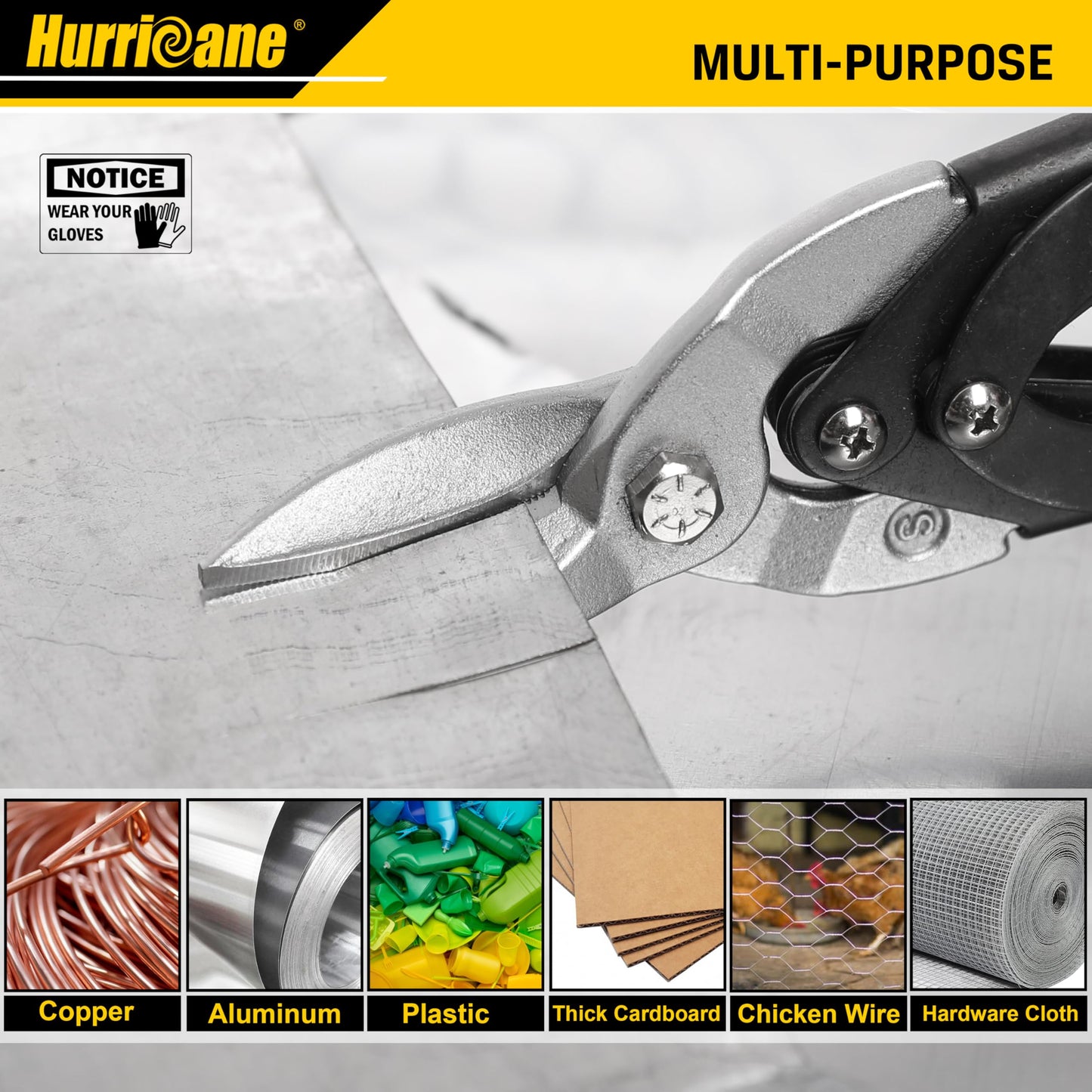 HURRICANE 3 pc Aviation Tin Snips Set, Metal Cutter Shear for Cut Sheet Metal, Chrome Vanadium Steel, Straight Left and Right, Ergonomical TyreGrip Handle with Hang Hole and Safety Latch