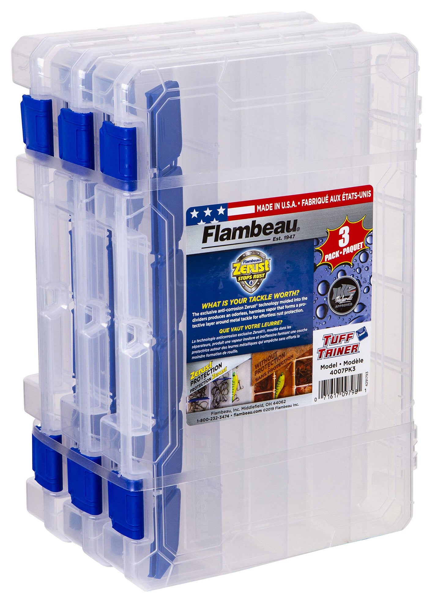 Flambeau Outdoors 4007PK3 Fishing Tackle Boxes - 3 Pack, Includes 36 Dividers, Clear Tackle Box Fishing Lure Organizer, Tuff Tainer Tackle Box with Zerust Anti-Rust Dividers