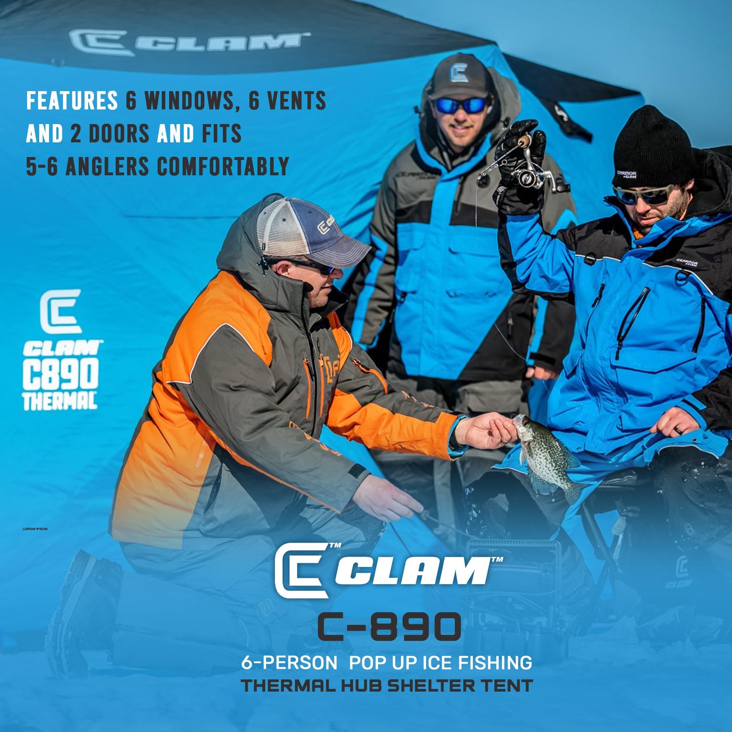 CLAM Lightweight Portable Pop Up Ice Fishing Angler Thermal Hub Shelter Tent with Anchors, Tie Ropes, and Carrying Bag
