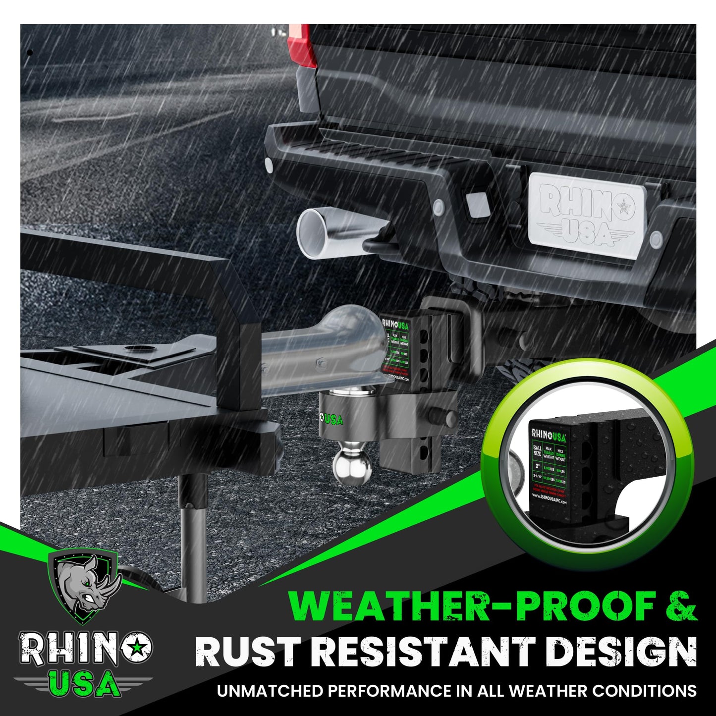 Rhino USA Adjustable Trailer Hitch (Fits 2-Inch Receiver) - Heavy Duty Aluminum Tow Hitches with 6-Inch Drop/Rise for Truck (12,500 LBS GTW) - Weatherproof Double Anti-Theft Locking Hitch Pins (Black)
