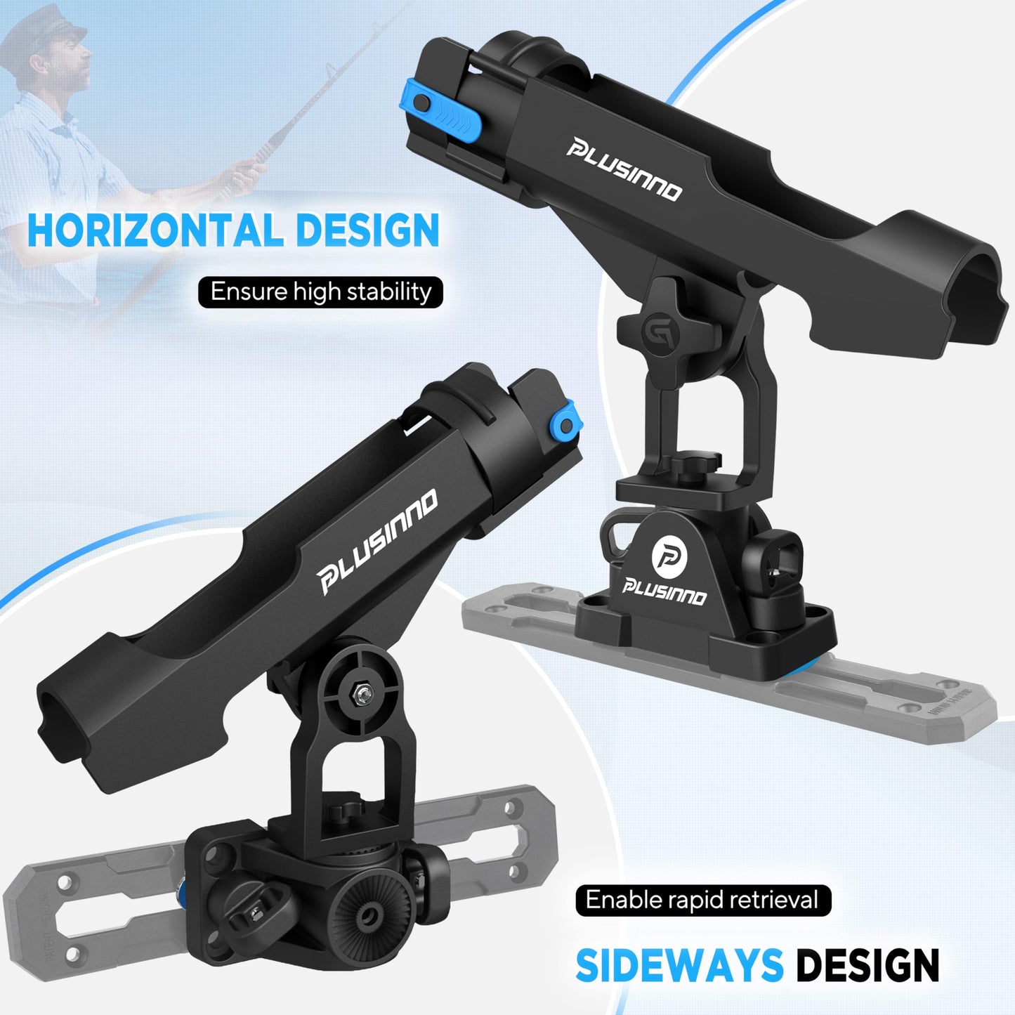PLUSINNO 2 in 1 Fishing Rod Holders for Boat, Kayak Fishing Rod Holder, Fishing Pole Holders for Track Mount / Deck Mount, Fishing Gear with Fishing Rod Protective Strap, Fishing Accessories & Gifts