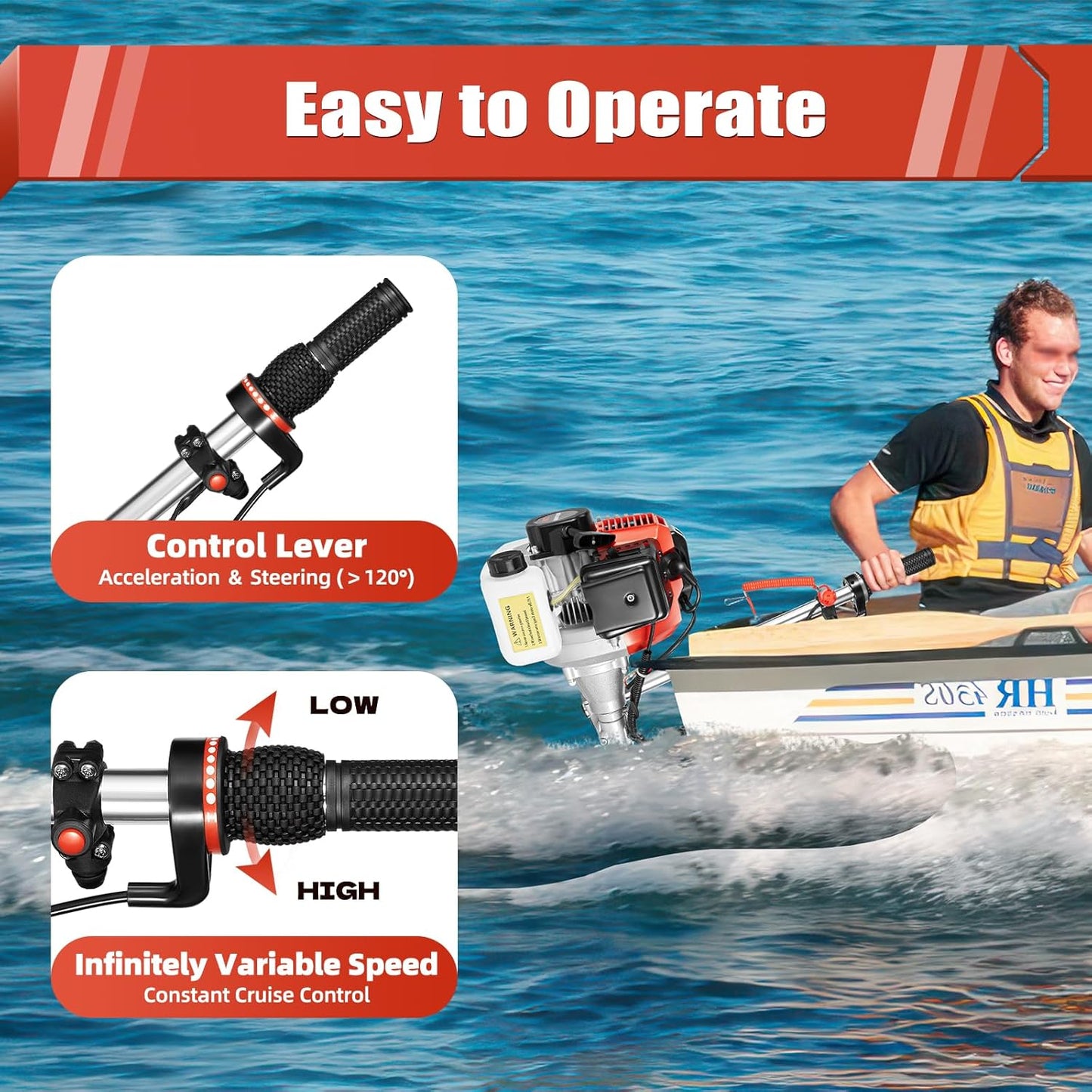 Outboard Motor Boat Engine 2 Stroke 2.3 HP, 1.7KW Marine Boat Motor 52CC with Air Cooling System Long Shaft Fishing Boat Engine (2.3HP)